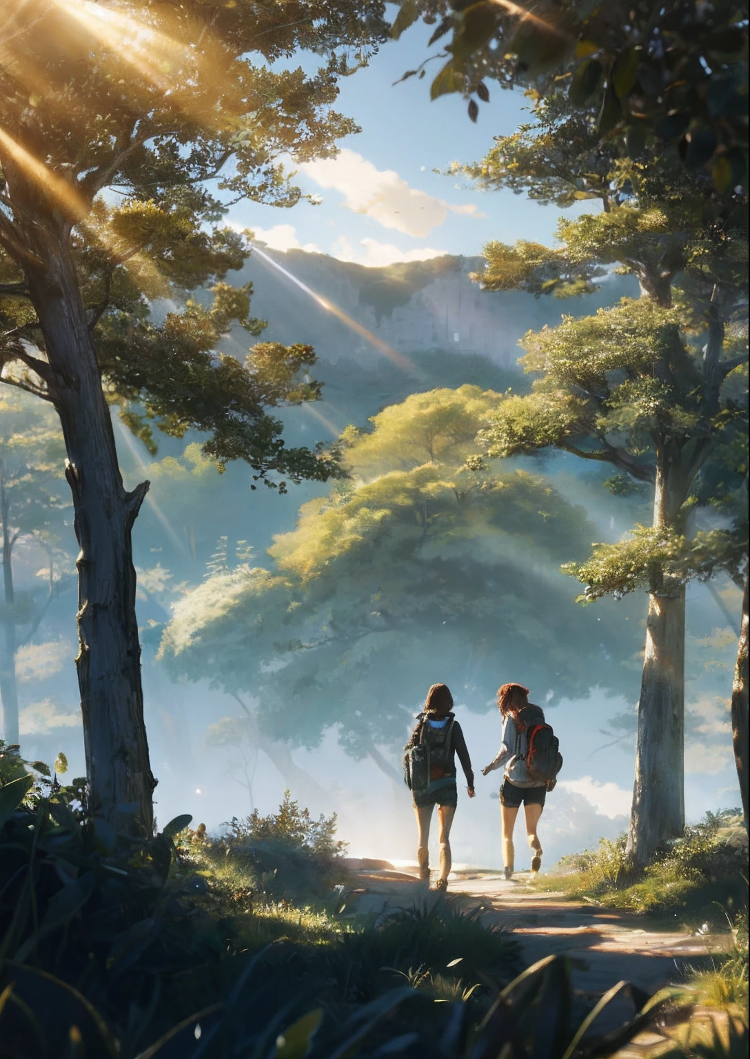 Vast starry skies, Belo Horizonte, Vast pastures, the extremely tense and dramatic images, moving visual effects, the suspended Polaris and the colorful natural light. Long sleeve saw, Girl with jean shorts and backpack.Laura and Sophia walking together in the woods, Have laughter and lively conversations., The sun's rays pass through the treetops,.