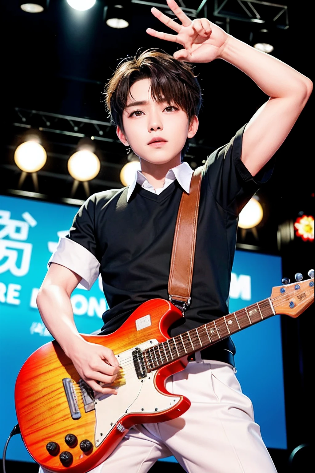 Extraordinary charm、Strong and cute boy，Around 7 years old，Similar to starring Andy Lau，He was named at the front of the store（Freezer tavern）A performance on the stage outside the door。He was holding a guitar，Hold the microphone with your right hand，Sing affectionately。Fans watch，His singing is full of power and emotion，Everyone was hooked。He is our singer，With talent and hard work，Everyone knows and loves him。He is an idol in our hearts，It is also an example for us to follow。Let's cheer for him，Cheers to him，Enjoy his musical charm together！