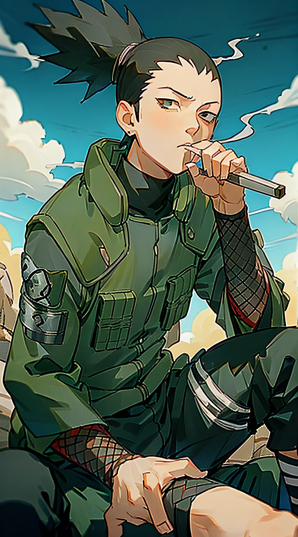 "1garoto, Shikamaru Nara deitado no gramado fumando um cigarro, olhando para as nuvens em HDR 4k"