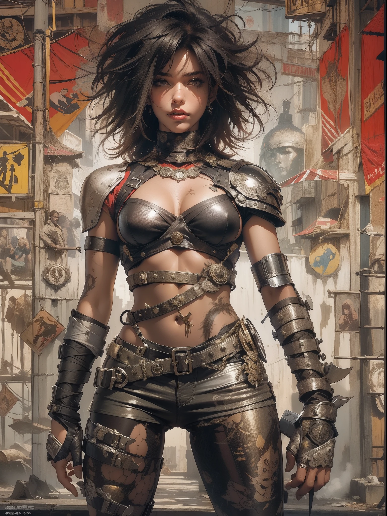 (((mulher))), (((melhor qualidade))), (((obra prima))), (((adulto))), (((1girl))), ((( corte de cabelo bob ))), Uma gladiadora cyberpunk mulher de 25 anos com corpo perfeito, shoulder pads with metal spines, Gladiadores do Brooklyn, (( corte de cabelo bob )), tiny leather panties, camiseta de time de rugby rasgada, quase nua no estilo selvagem urbano de Simon Bisley para a capa da revista Heavy Metal, Cabelo loiro curto, Minimum clothing, Metal protection on the left arm with intricate graphics, Vermelho escuro com estrelas brancas e respingos de preto e branco, armadura, cheio de espinhos, (((do joelho pra cima))), cabelos loiro branco curto, no fundo uma parede pintada por Shepard Fairey com um design intrincado