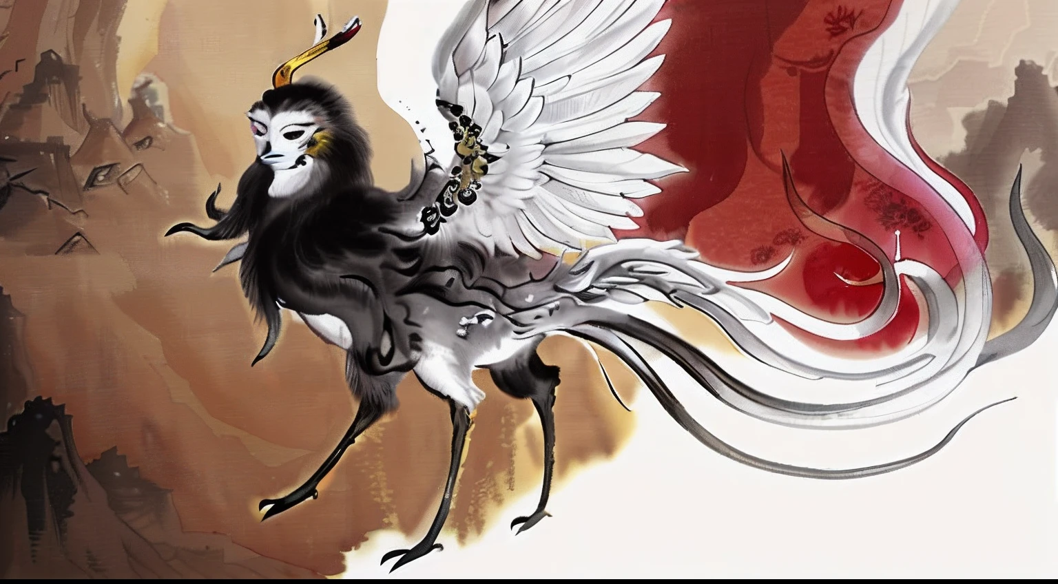 Draw a woman with white hair,There is a yellow-black duck on its back, flying mythical beasts, an ultrafine detailed painting, artwork of a phoenix, a mythical creature, Chinese mythology, inspired by Yun-Fei Ji, Inspired by Qiu Ying, ancient china art style, author:Wen Boren, mythological creatures, mingchen shen, author:Sheng Maoye