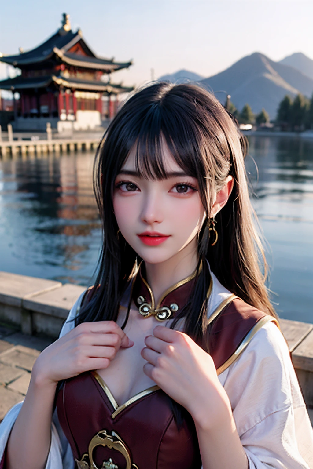 (best quality:1.3, masterpiece:1.3), ultra high res, (1girl, solo), atmospheric perspective, detailed face, upper body, make up, pink lips, parted lips, shiny skin, (brown hair), very long hair, looking at viewer, red eyes, earrings, small breasts, slim body,(white silk) ,(((east asian architecture, riverside, beautiful background))), perfect lighting, (front lighting), physically-based rendering,