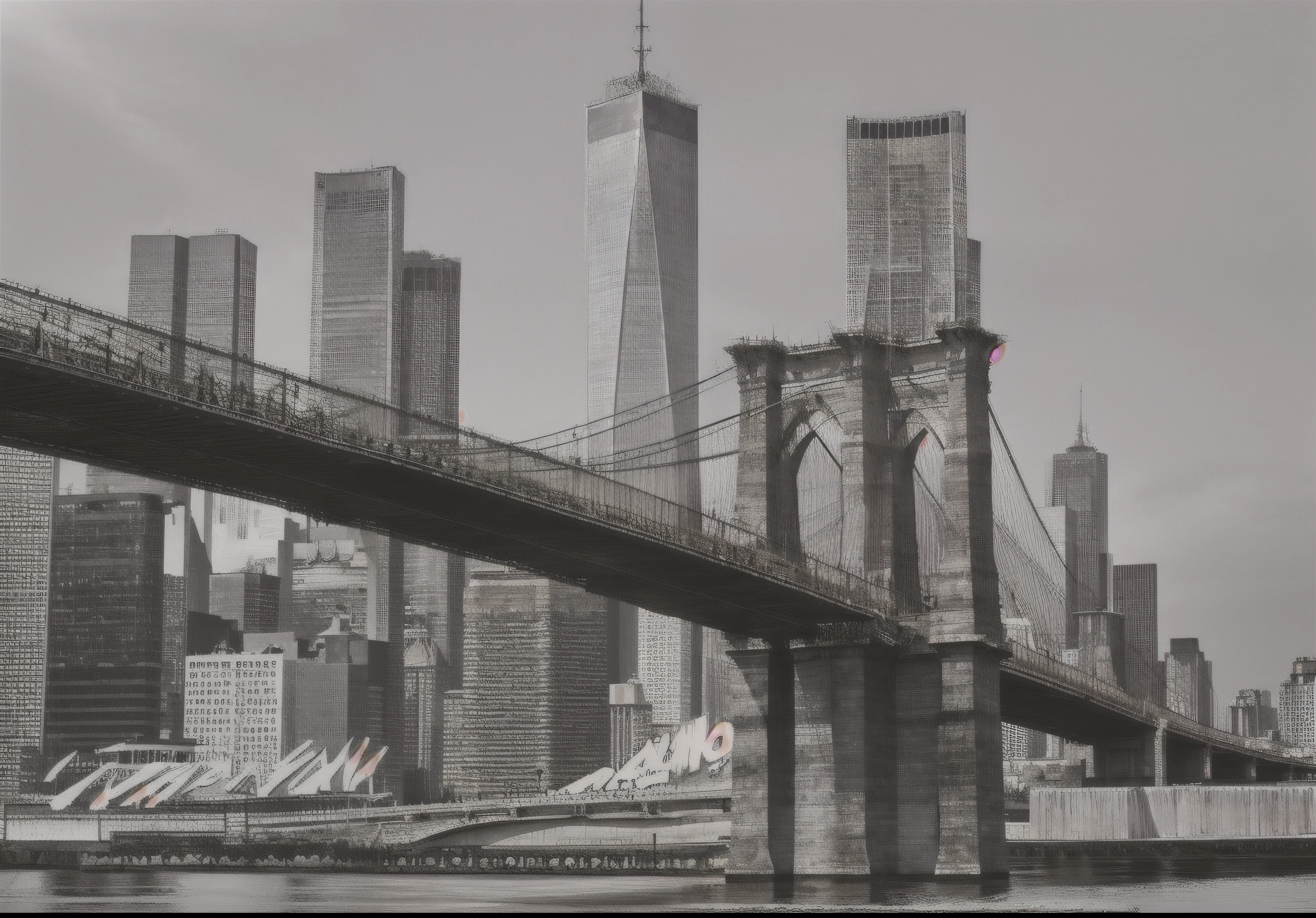 Vista de Arafed de un puente con una ciudad al fondo, Elegantes puentes entre torres, Puente alto con la ciudad en la cima, Soaring towers and bridges, Antecedentes de Brooklyn, Horizonte de Nueva York, Horizonte de la ciudad de Nueva York, New backdrop, desde la distancia, Ciudad de Nueva York, Monochrome photo, Edificios de Nueva York, De cintura para arriba, Alrededores de la ciudad, de cintura para arriba