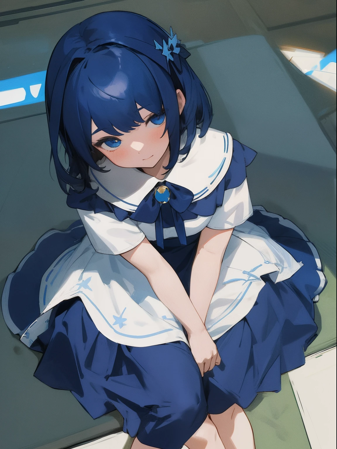 masterpiece, top-quality, 1girl in, The upper part of the body, sitting on, shorth hair, , A dark-haired, 、Ultramarine clothing, frilld、Angle from above