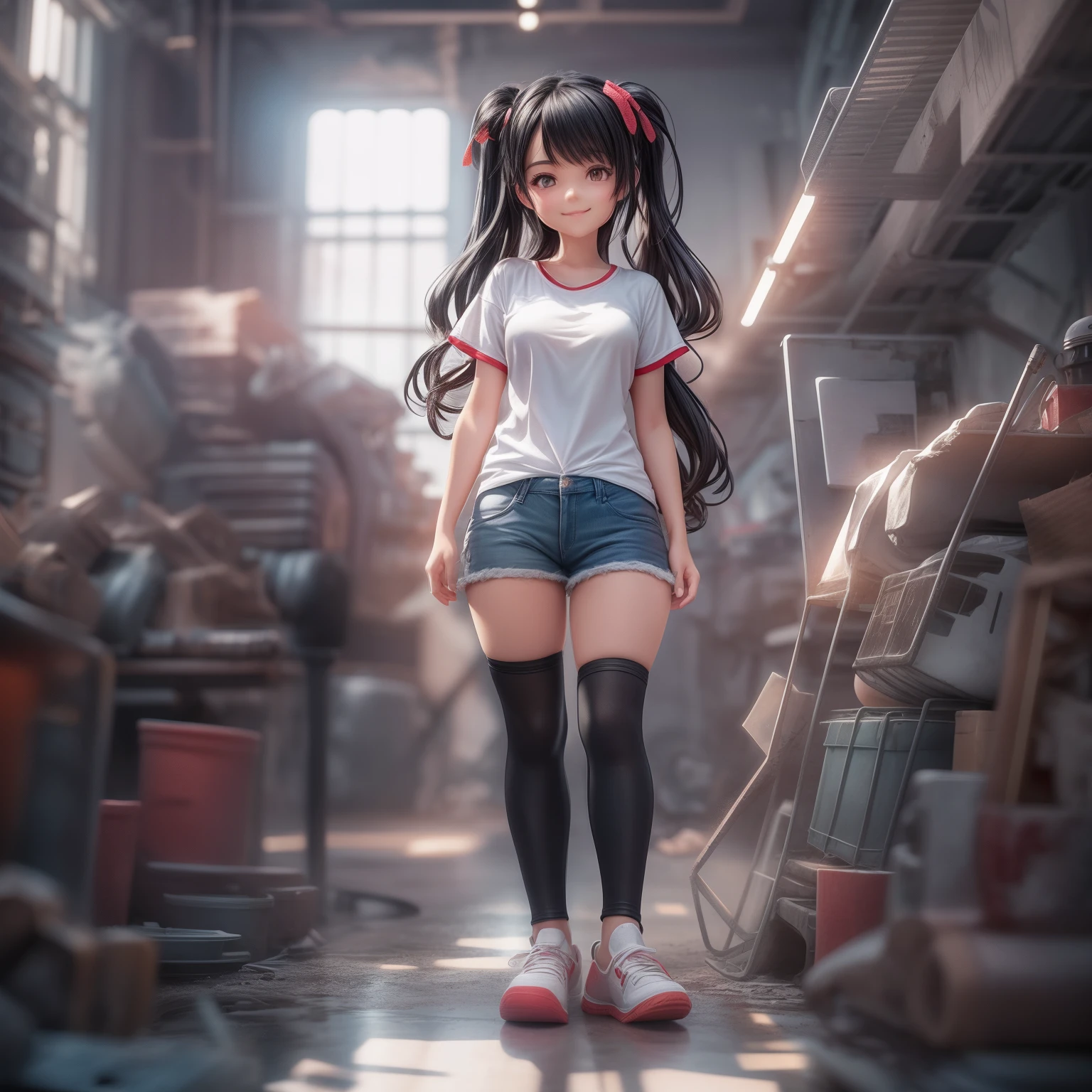 Movie Angle,( cute girly,Black hair,Anatomically correct,full bodyesbian,Masterpiece: abandoned factory,Representative Works: Translucent white T-shirt,Black underwear is faintly visible,denim short,Oversized red tourist shoes,Smile),(illustration,paper art,a 3D render),(Extremely colorful, Best quality, high detal, Masterpiece,  Cinematic lighting, 4K, Chiaroscuro)