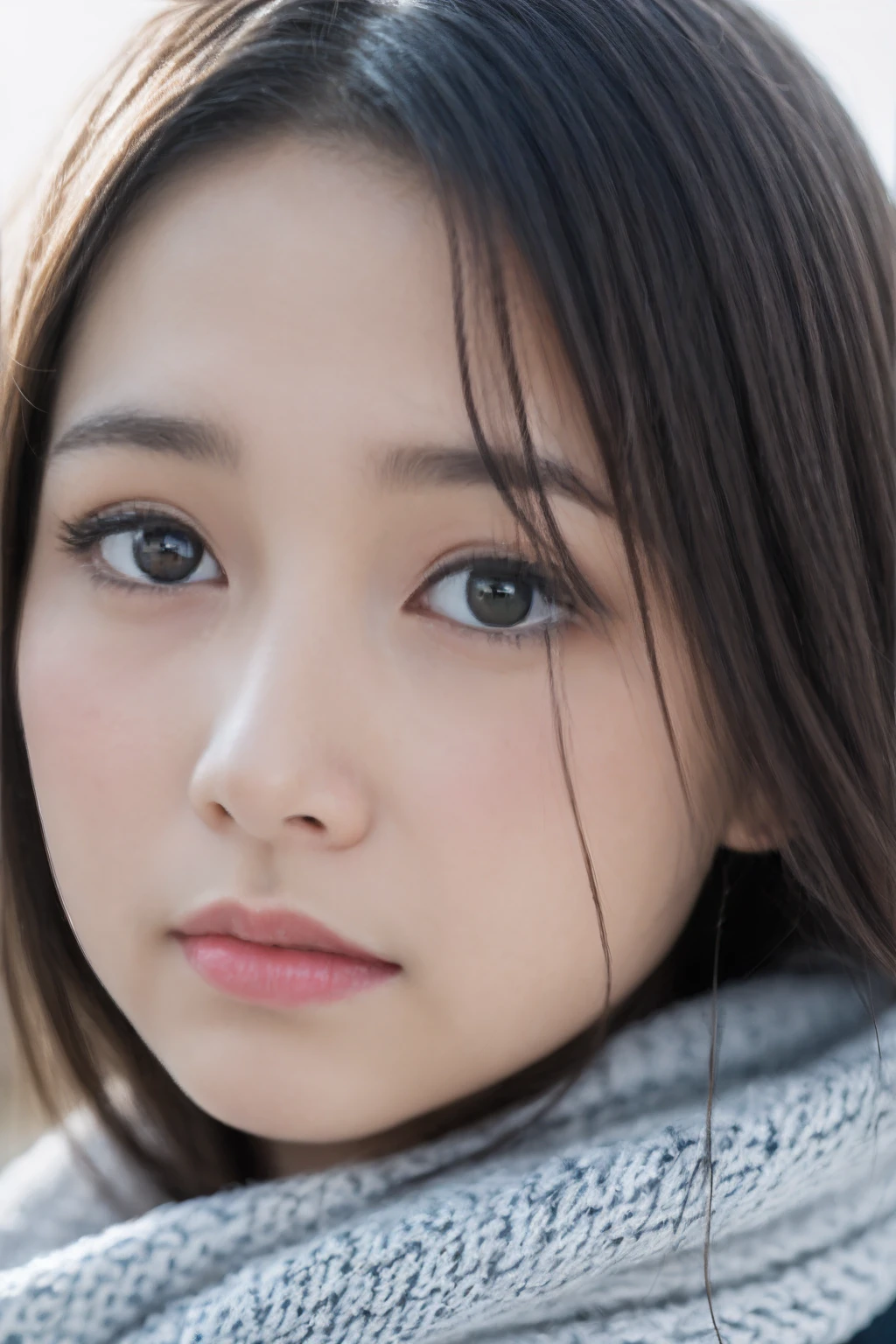 ((Show face only、Close-up of face))、(realisitic、Photorealsitic、ultra-detailliert、Highest Details Skins、top-quality、masterpiece、超A high resolution)、Cute Japan person、sixteen years old、hi-school girl、younggirl、Thin makeup、1 girl in、I have bangs、二重まぶた、drooing eyes、Large black eyes、Black eyes、Japanese style face、a baby face、purity、View here、Realistic skin type、Thick muffler、Grey muffler、Red cheeks、The wind is blowing、It's snowing、Lighting from behind、Hair is hidden by a scarf、Scarf Hair
