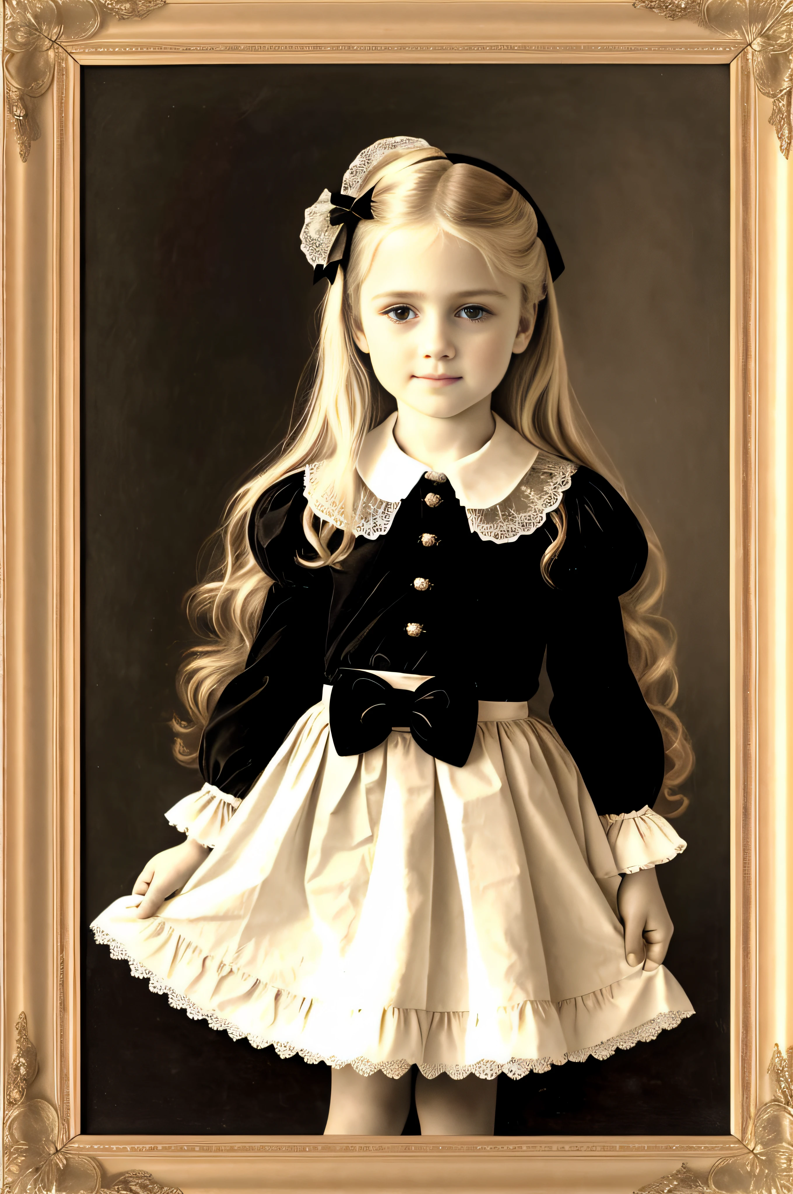 Europeans, ************** , Long blonde hair and bow，Layered skirt，Noble，opulent，cropped shoulders，Lace，picture frames，Portrait Madman，Lace