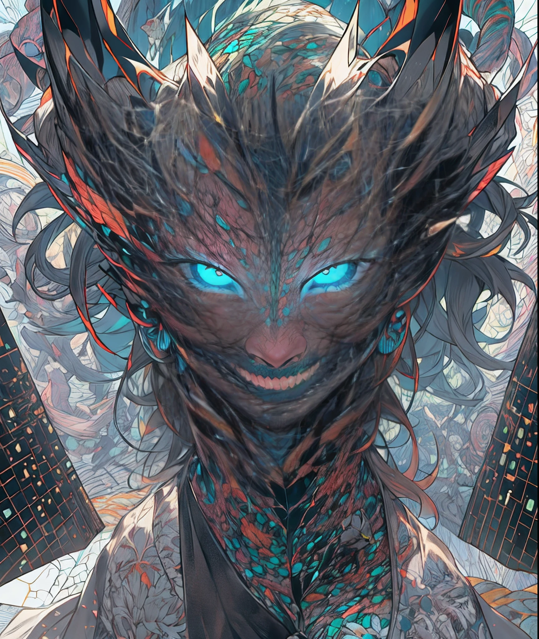 (Satoru gojo),obra maestra, mejor calidad, ultra detallado, absurdos, colorido, 1hombre, solo, (solid blue eyes: 1.0), (cabello blanco, cabello sobre un ojo), ojos detallados, ojos muy abiertos, lashes, (parte superior del cuerpo: 0.8), vista lateral, ojos brillantes, cabeza inclinada, noche, traje negro, horror, oscuro, fondo negro, mirando al espectador, alto contraste, Contre-Jour, (de pie: 0.8), aura, fondo fractal, caothic, espiral, cuernos de demonio, energy, mosaico, infierno,pose dinamica,Neckerchief,enfadado,mirada,particulas,luminoso,(ojos brillantes ultradetallados),poderes