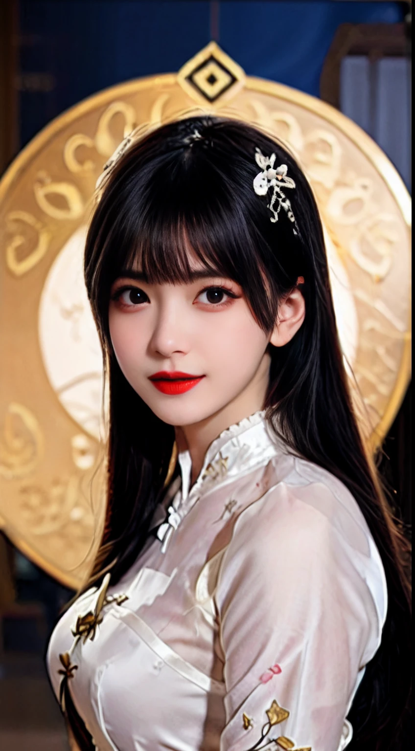 1 27-year-old girl, 1 zodiac goddess from the future, goddess of the pink and purple 12 zodiacs, the goddess of the zodiac in a yellow ao dai, a 12 zodiac ao dai with many black lace detail, mythology Goddess of the 12 zodiacs from the future, zodiac ♏, luxurious glittering zodiac style, dark and mysterious version, zodiac crown, lipstick lips red, thin and beautiful lips, mouth closed, characters made by karol bak and pino daeni, intricate detail, detailed background, extremely detailed, light magic, a woman, clear face, hair long with bangs, beautiful face in detail and well-proportioned eyes, (transparent yellow eyes: 1.8), big round eyes and very beautiful and detailed makeup, foresight, silk dress, mysterious makeup , double bangs and dyed light blonde , upper half portrait, zodiac goddess portrait, arms hanging loosely, Realistic and vivid photo, (stars make up the zodiac: 1.7), (sky background zodiac and fictitious space and time portal: 1.8), fiction art, RAW photo, hanfu picture, best photo, best photo quality, 8k quality, 8k ultra, super realistic, real photo most economical, the goddess poses sexy and seductive,