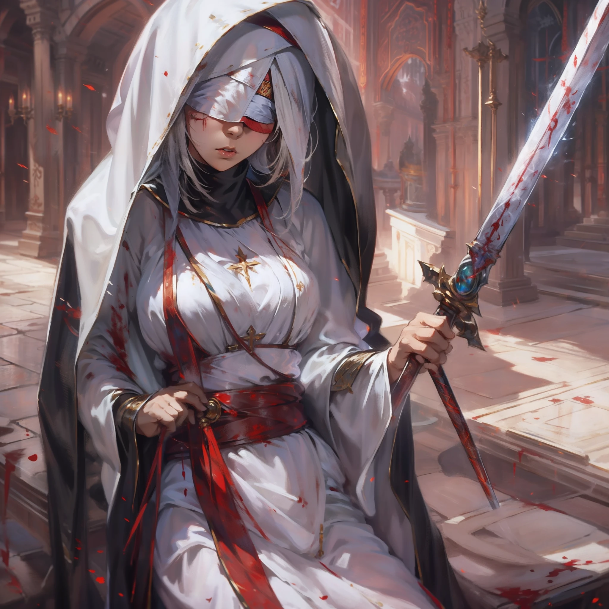 lewd nun，white  clothes，divino，Black cloth blindfolded，DOA，The sword，Blood，blacksilk，