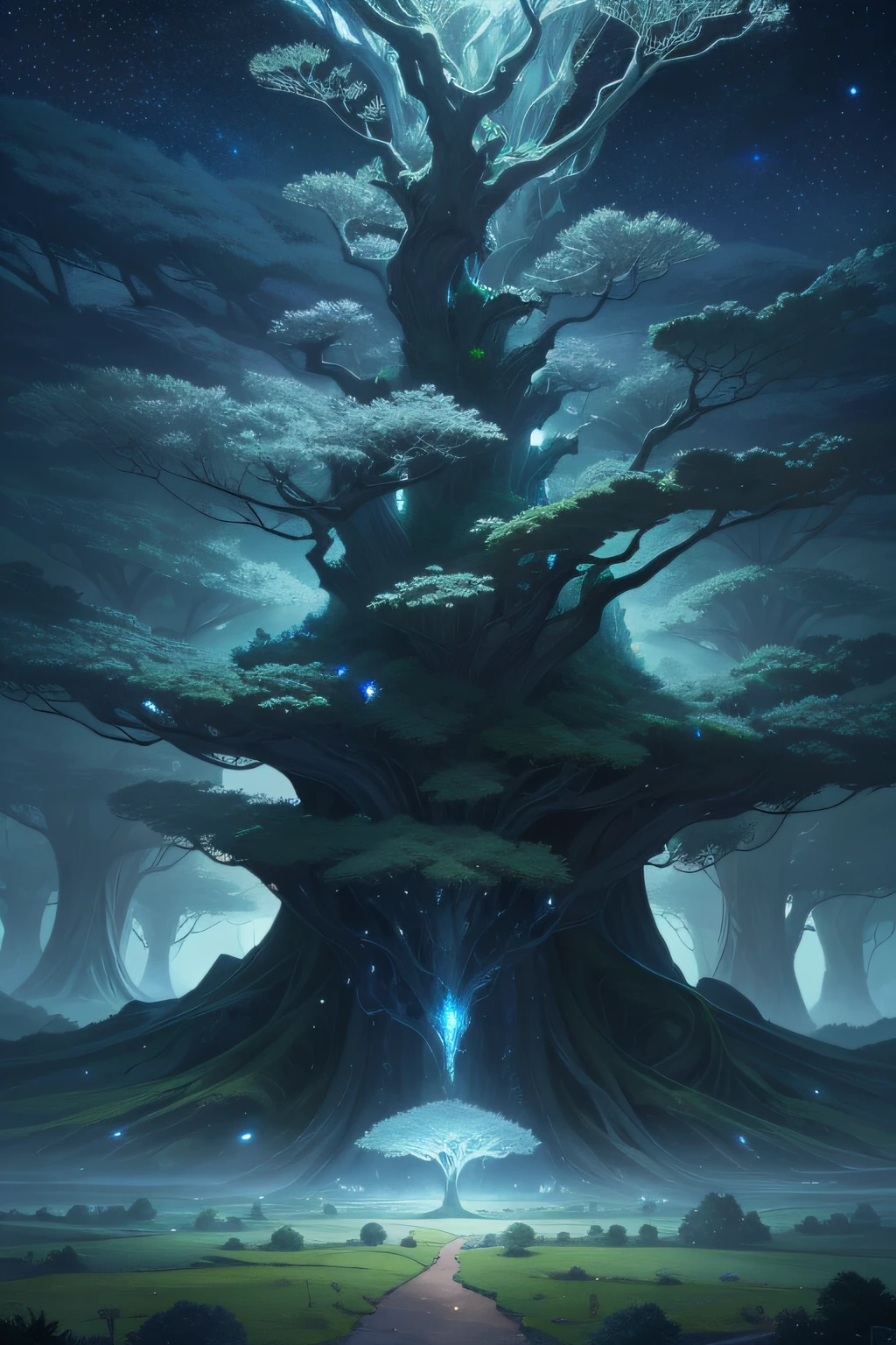 Illustration of a surreal, otherworldly, hyper sky scene including a giant crystal tree full body, highly detailed and magical lighting, intricate forest details, vegetation and surrounding river, solar punk, landscape, giant tree , beautiful green leaves, beautiful lighting and realistic proportions, as if this is a movie background, 8k, highest quality, masterpiece, clouds and stars in the sky.