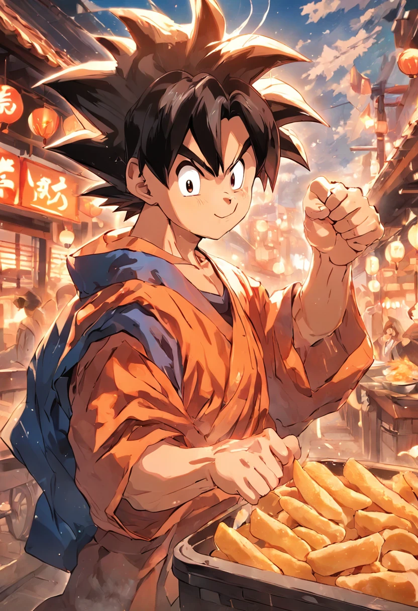 goku right hand is shaking a bag of fries in "Sanichi dumplings" izakaya with happy smile
