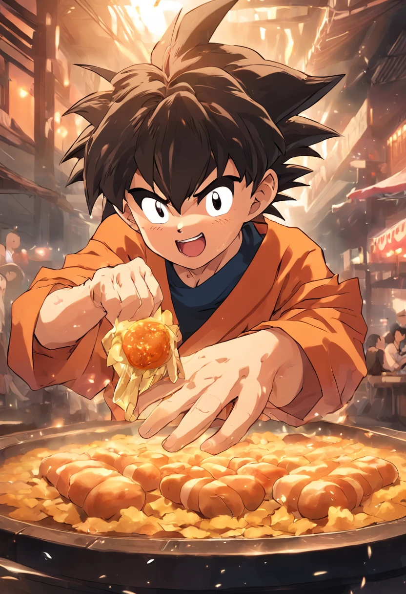 goku right hand is shaking a bag of fries in "Sanichi dumplings" izakaya with happy smile