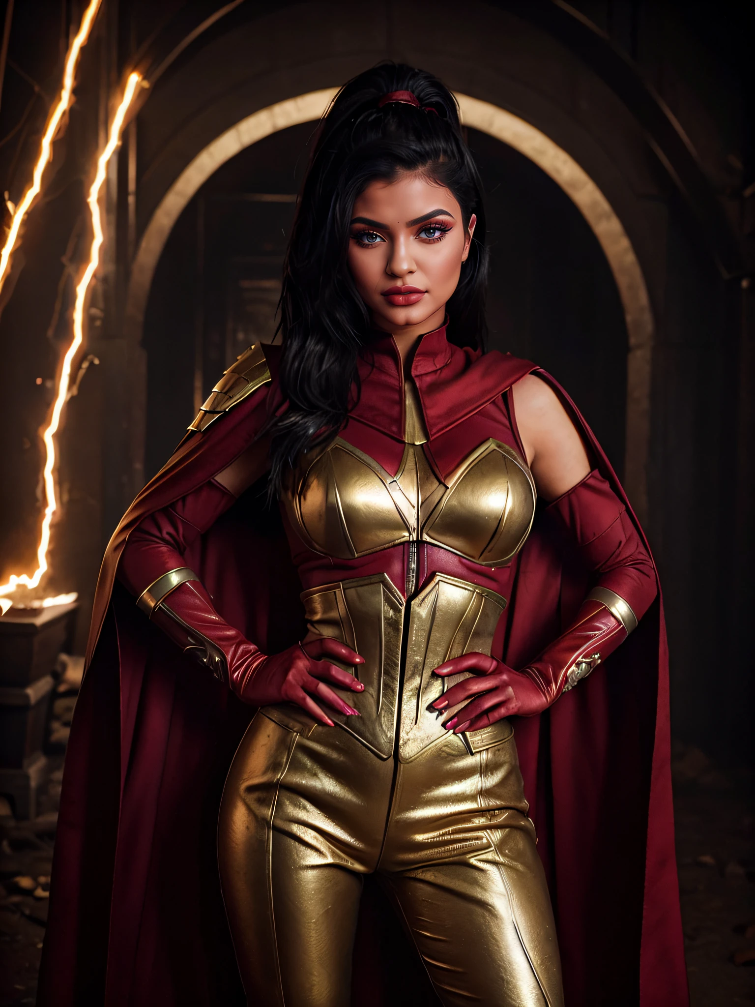 Kylie Jenner, olhar sombrio, (olho azul brilhante), olho perfeito, (maquiagem paleta escura), (eyeliner), (red matte lipstick), (rosto insanamente detalhado)