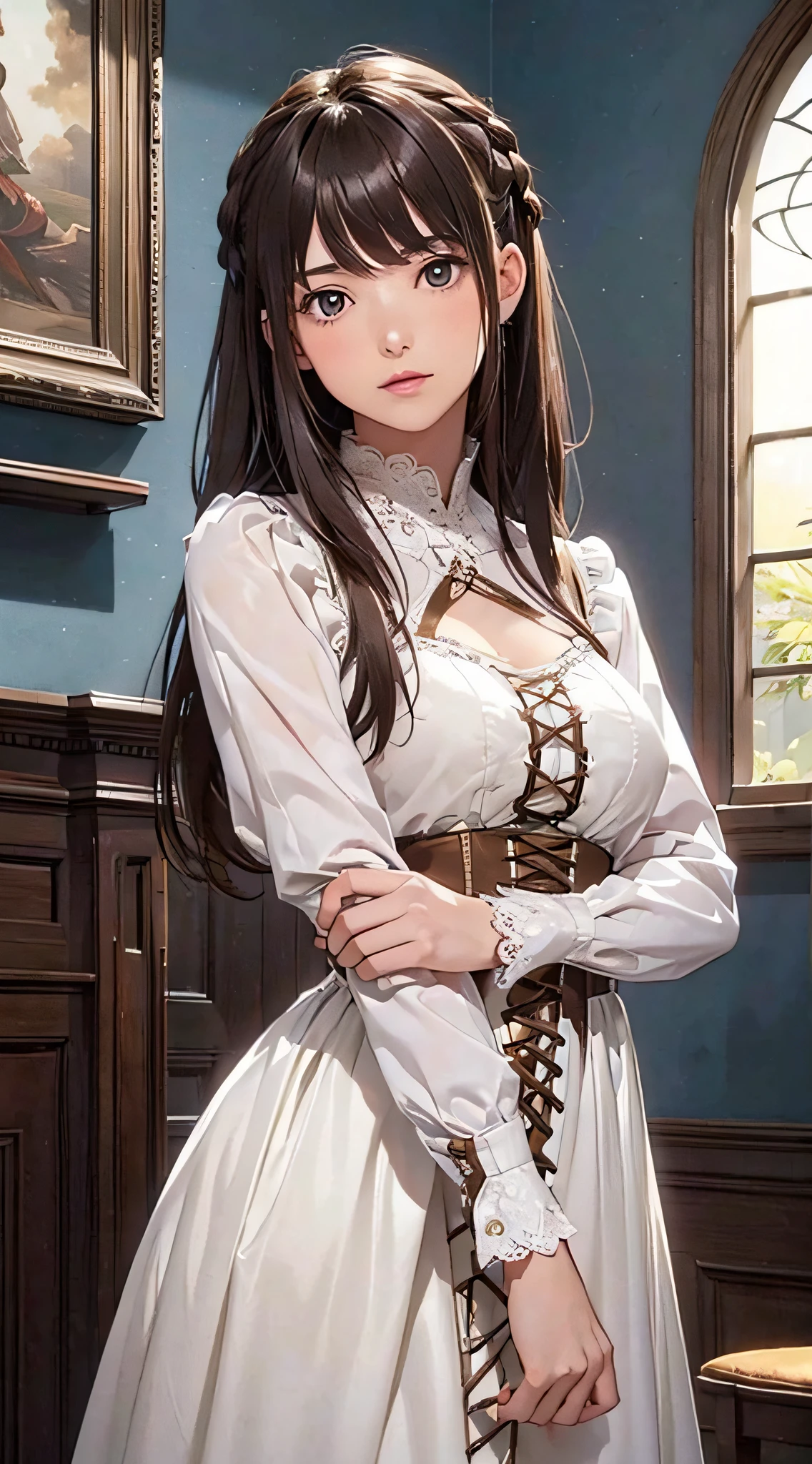 (1girl:1.3), cinematic light, solo, breasts, Lace-Up Bodice Dress, silky long hair, (brown) hair, (masterpiece, top quality, best quality, official art, beautiful and aesthetic:1.3), extreme detailed,highest detailed,(ultra-detailed),((an extremely delicate and beautiful)),starry sky,from below