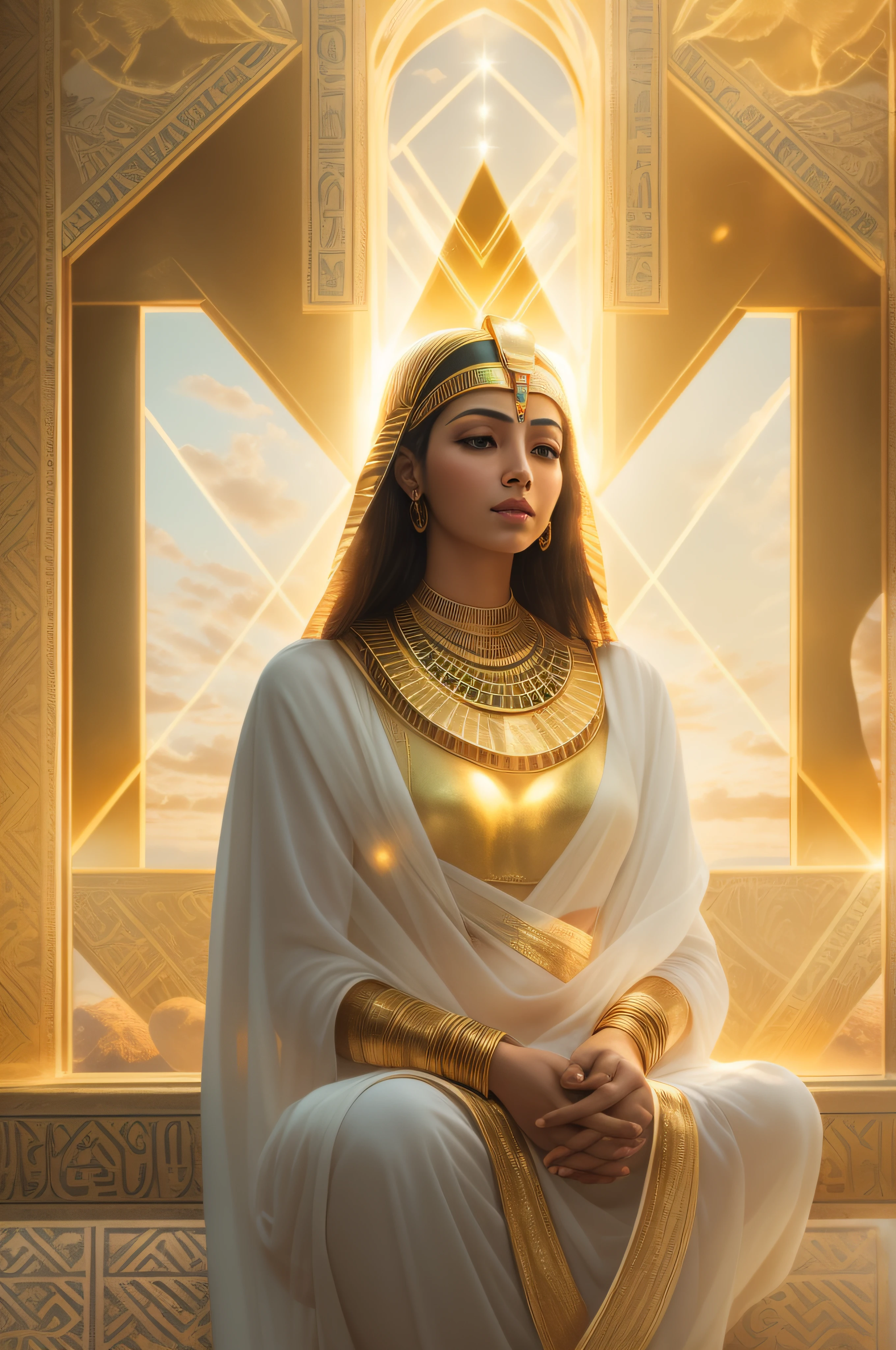 Realism, soft and ethereal style cinematic photography of a heavenly inviting and welcoming Egyptian goddess with withe clothes and golden shapes praying, light shimmering and glowing landscape, geometric shapes and symbols in the ombre skies, brightly sunlit auric with golden lights portal