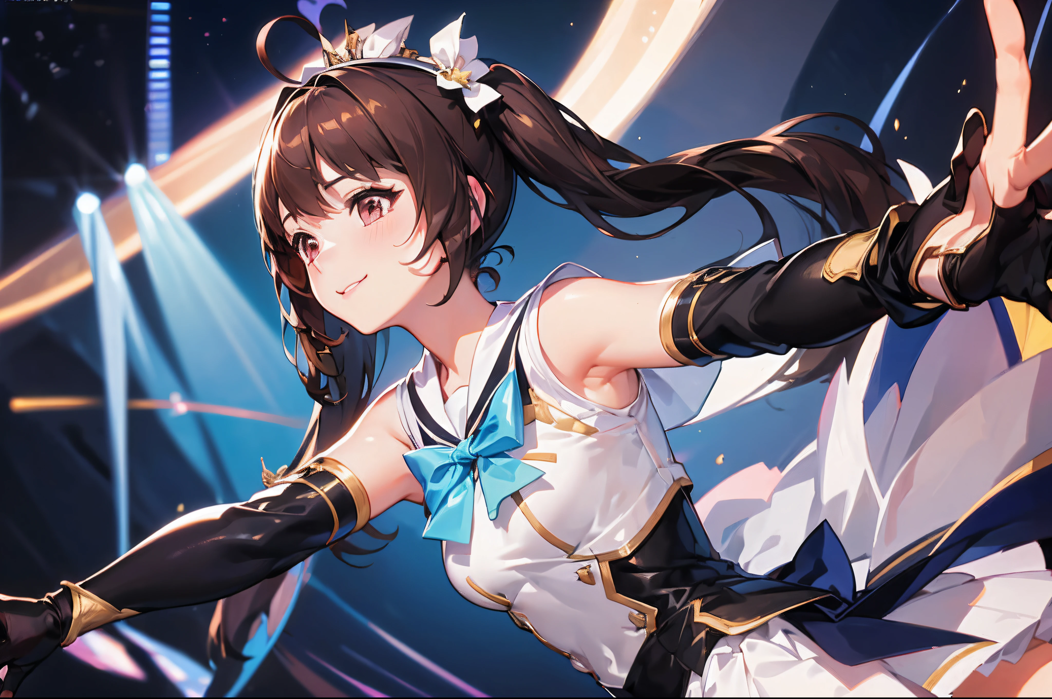 (Best quality),(4k), [highly grand details CG painting]!!,(cheer sticks),(((the Greatest masterpiece,))) (ultra detailed),(((milf))),(intricately details),(Natural,adorable face),((((beautiful stage)))),(dynamic angles,)(aggressive winds),(dynamic lighting),(blooming,synthetic wave), (reality: 0.7), solo,1 girl,Long eyelashes,twintails,watery eyes,reflected eyes,brown haired deity,floating hair,(sailor dress)((elegant and conservative cloth)),seductive smile