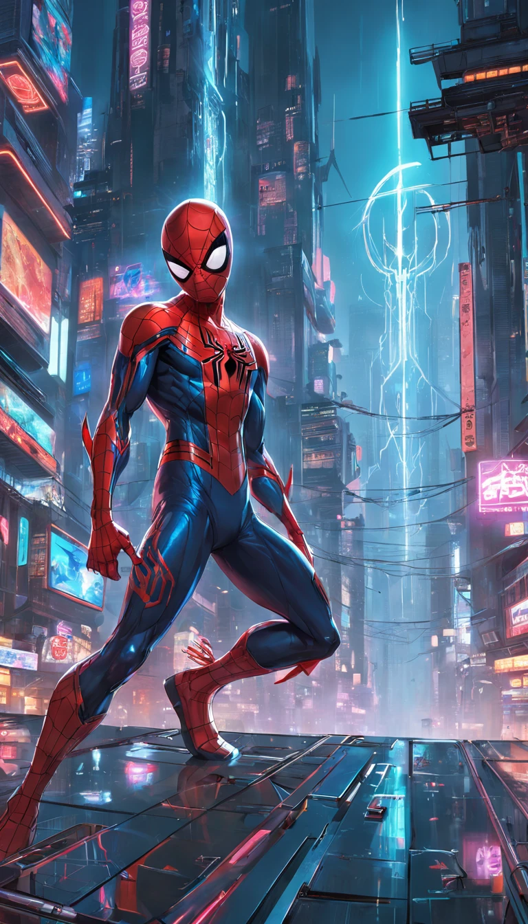 Get ready to witness the merging of the worlds of Spider-Man and Cyberpunk in one breathtaking image. Nesta obra-prima visual em 8K, You will be transported to a futuristic and dystopian environment, where the iconic Marvel hero gets a new look.

O Homem-Aranha surge em uma paisagem urbana imponente, dominated by gigantic skyscrapers and holographic ads that glow brightly. The neon lights reflect your cybernetic armor, creating a striking contrast between the hero's characteristic red and blue and the oppressive darkness of the environment.

Seu traje, remodelado para se adequar ao estilo Cyberpunk, features metallic details and futuristic lines, combining functionality and futuristic aesthetics. The advanced fabric, adornado com circuitos luminosos, it seems to pulsate with electronic energy as Spider-Man prepares to face the challenges of this chaotic world.

The surrounding city is full of characteristic elements of the Cyberpunk style, como carros voadores, cyber implants, Drones and robots, Adding a unique and technological atmosphere to the image. The contrast between the grandeur of the buildings and the presence of Spider-Man in the midst of this dystopian landscape conveys a sense of lonely heroism and resilience against adversity.

A qualidade impressionante em 8K permite que cada detalhe seja visualizado com clareza e realismo, from the intricate webs cast by Spider-Man to every reflection and texture in the futuristic environment.

Get ready to marvel at this epic junction between the Spider-Man universe and the Cyberpunk aesthetic, in an image that will captivate your imagination and transport you to a world where action, a tecnologia e a aventura se unem em perfeita harmonia.