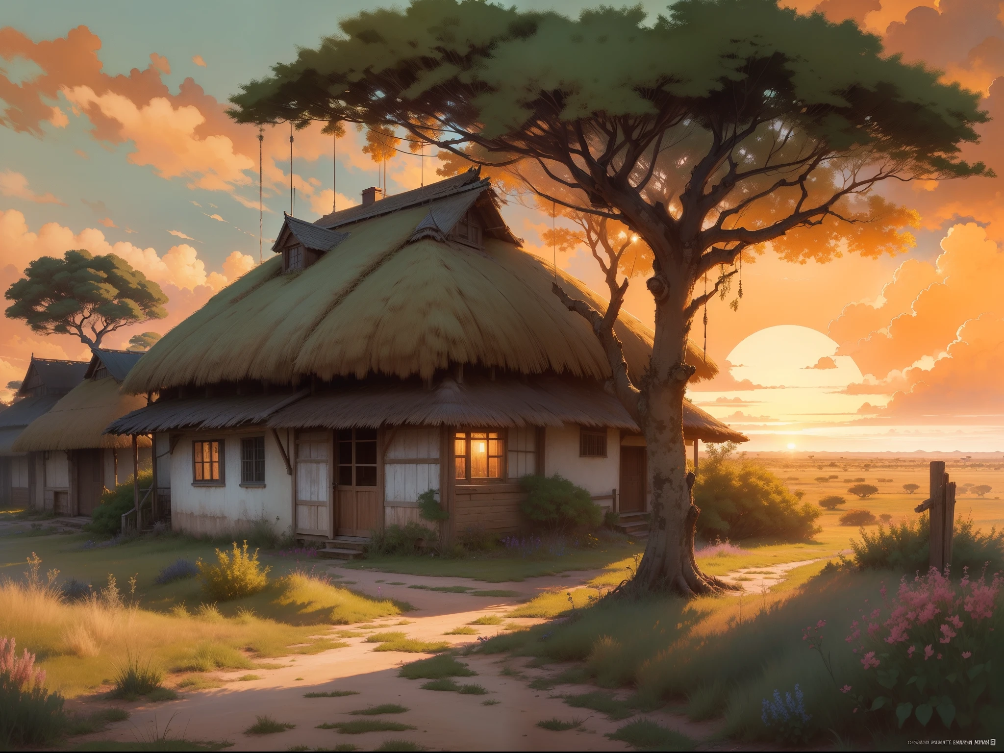 manga watercolor & oil illustration that shows a thatched roof village in front of the sunset across the savannah, in the style of liam wong, tranquil serenity, 2d game art, uhd image, vibrant palette, pixelated landscapes:: manga watercolor & oil painting by Joseph Christian Leyendecker & Shepard Fairey & James Jean & Anders Zorn & Jeremy Mann & Alphonse Mucha, a thatched roof village on a savannah grassland with acacia trees, dynamic imagery, flowerpunk, Africapunk, intricate details, dynamic, dramatic lighting, backlit, raking light, vibrant color:: Erin Hanson & Donato Giancola & Nicolas de Stael, sunset, thatched roof village on a Savannah plain, large acacia trees, cumulus clouds, hyper detailed, cinematic lighting, long shadows, saturated contrast