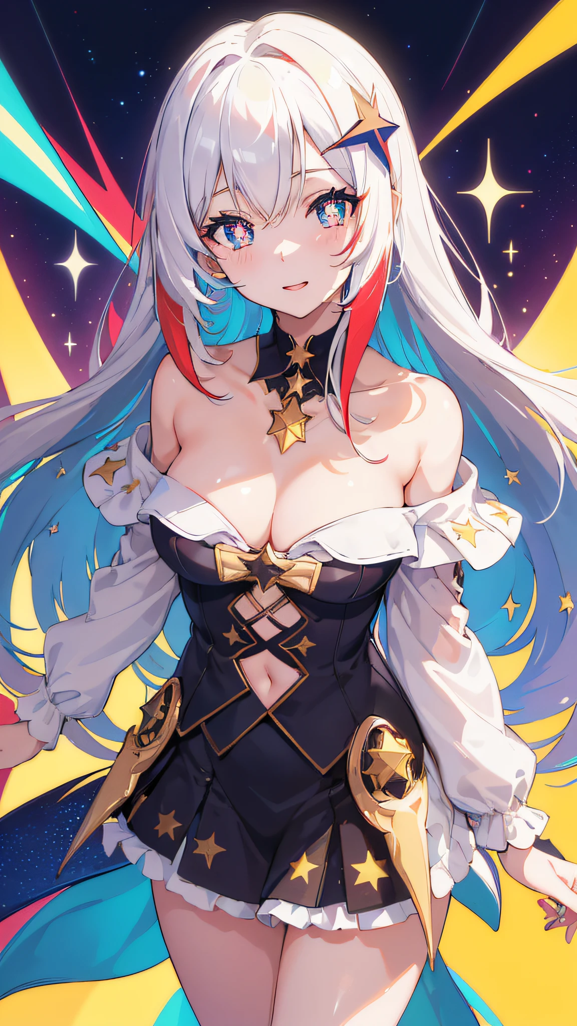 (masterpiece, best quality), ((1girl, (mature female) long hair), (star-shaped pupils, +_+, symbol-shaped pupils, sparkling eyes)), (looking at viewer, light smile, off shoulder), (multicolored background, abstract background, chromatic aberration),