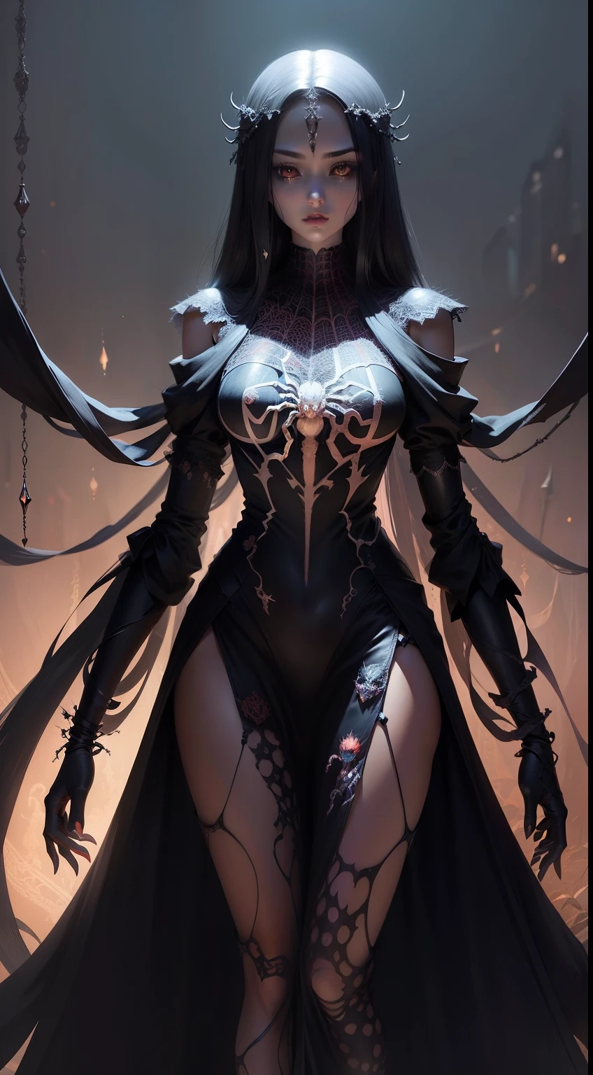 Illustration of a spider、A human figure that combines creepiness and beauty、Mystical fusion、fullllbody