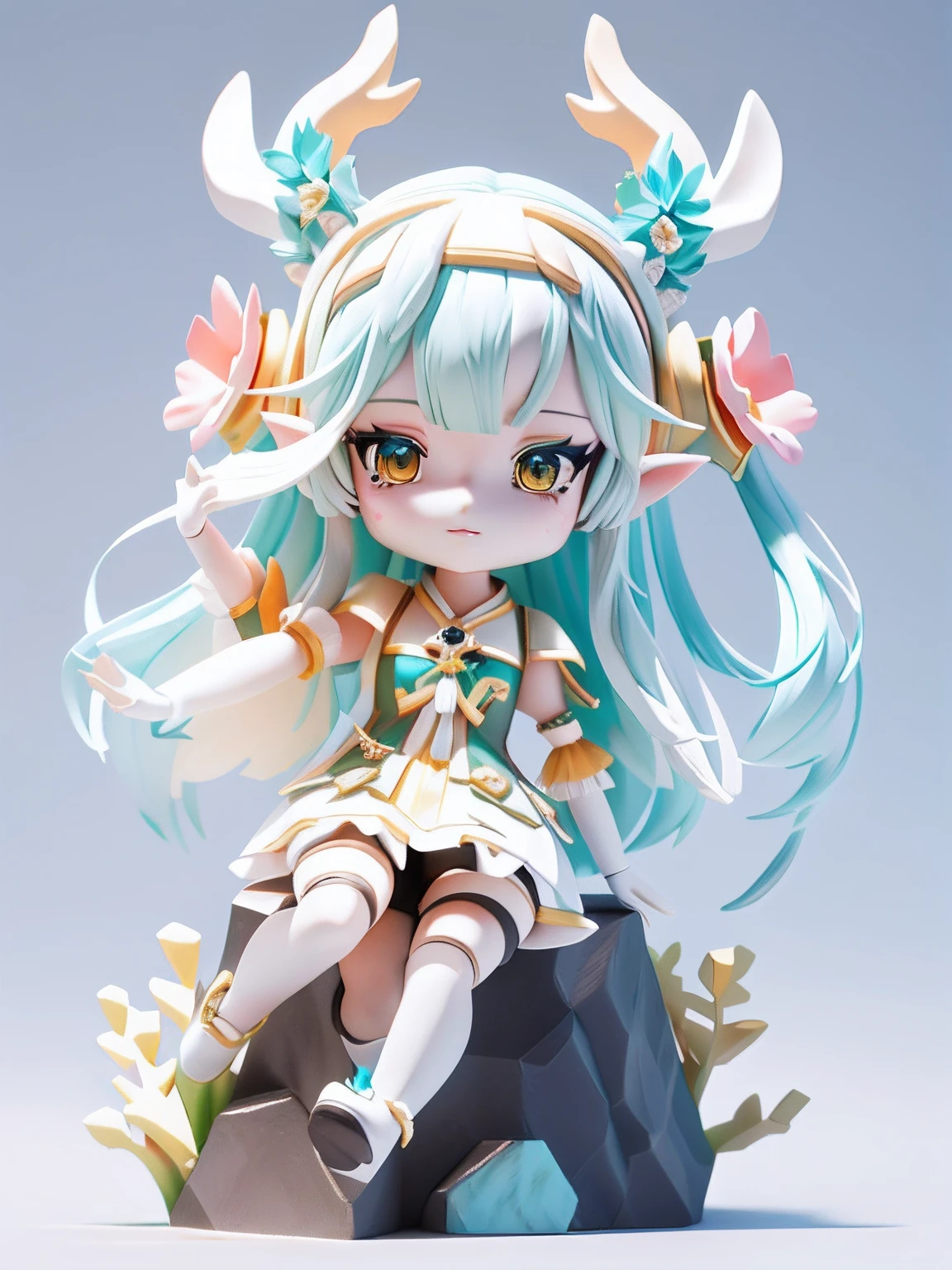 Close up of deer head doll on reef by the sea, Stylized anime,render of a cute 3d anime girl, cute 3 d render, anime styled 3d, cute character, elf girl wearing an flower suit, trending on cgstation, character design contest winner, Cute! C4D, 3 d render official art, high quality character design,