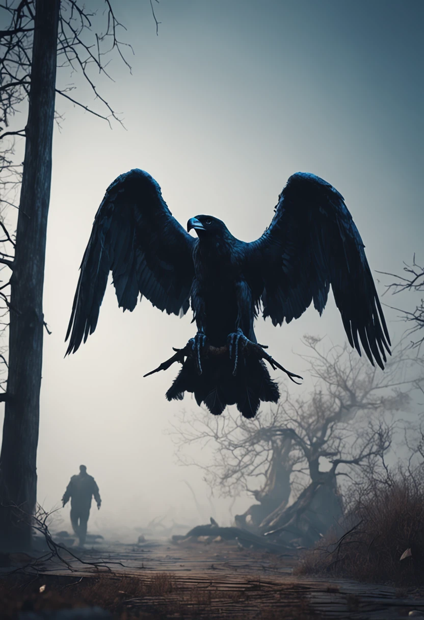 Two crows on a dead tree, A shadow shaped like a walker, Starry night, Thick fog on the ground, Blue light on the horizon, Unreal Engine 5, Cinematic, low angle photography, Motion blur, Depth of field, Dust, Cobblestones and dirt. Splash Art, dripping paint. Perfect color grading. Influenced by Karel Appel and Jeremy Mann, Full of dramatic and threatening scenes, Hyper-detailed, Beautiful, insanely details, Intricate details, editorial photography, shot with a 50mm lens, Depth of field, Tilt Blur, Shutter speed 1/1000, f/22. Lightmaps, Super bright