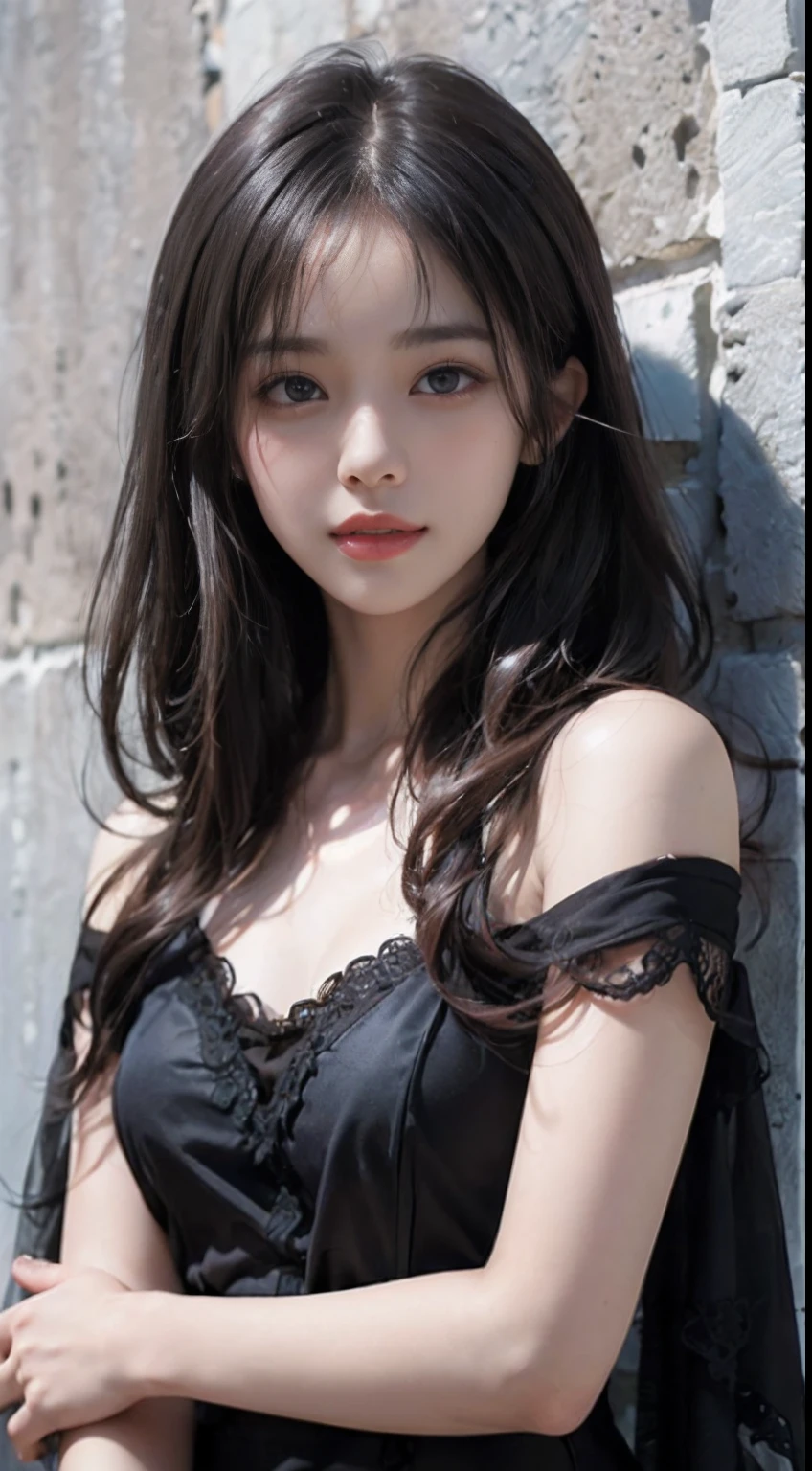 (ultra-realistic realism)、(illustratio)、(A high resolution)、(8K)、(The is very detailed)、(Best Illustration)、(Beautifully detailed eyes)、(top-quality)、(ultra - detailed)、(tmasterpiece)、(the wallpaper)、(A detailed face)、独奏、1 girl in、looking at viewert、finedetail、A detailed face、in the darkness nigth、deep shading、low tune、pureerosfaceace_V1、A smile、Long、Black shawl straight hair、46-point diagonal bangs, (silk dress、long skirt)(cropped shoulders)The view of the castle、、Stand against the wall