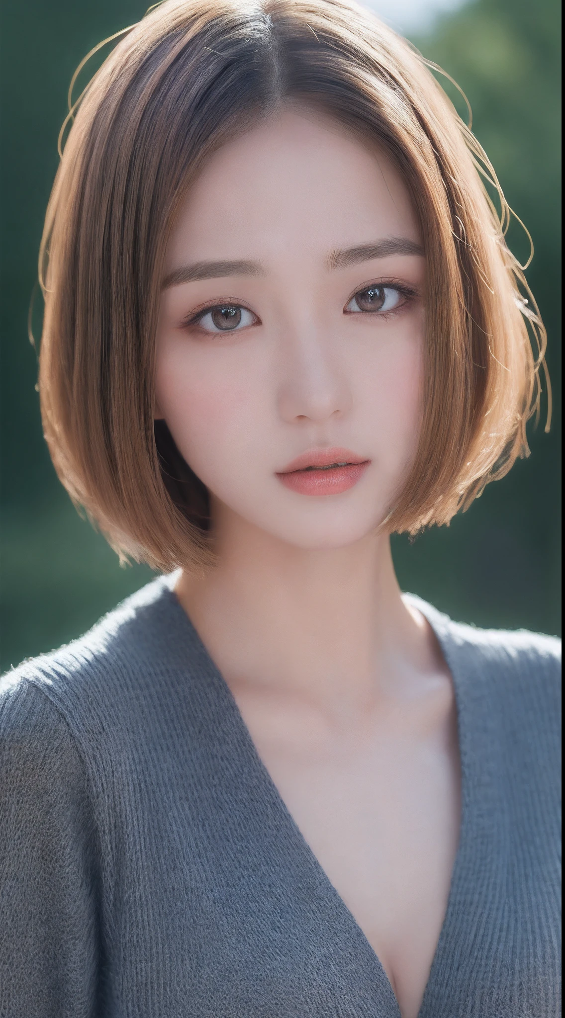 ((Best quality, 8k, Masterpiece :1.3)), 1girl, Pretty woman with slender abs :1.3, (Medium-short hair, Huge breasts :1.2), Cardigan :1.1, Ultra-detailed face, Detailed eyes, Double eyelid