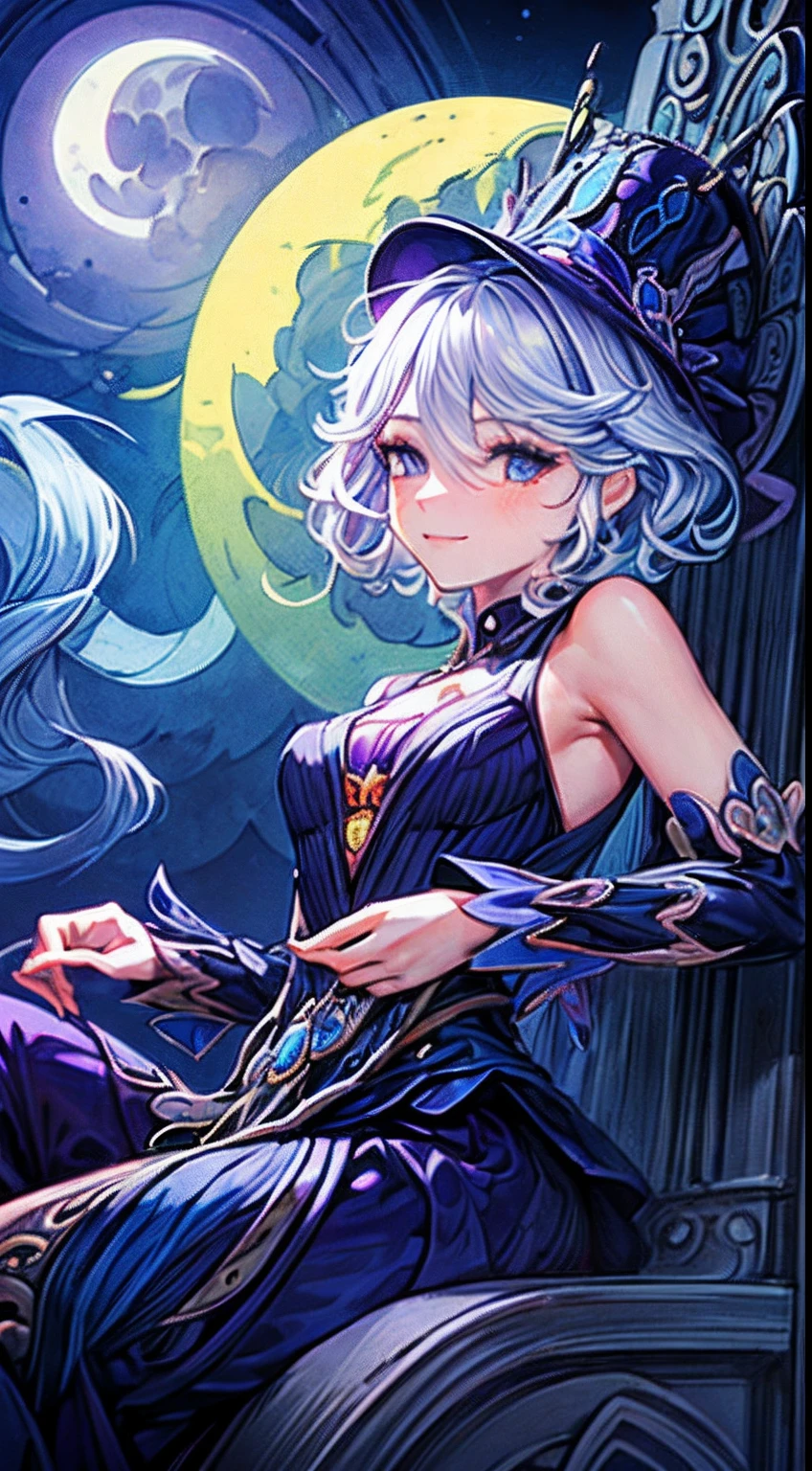 (masterpiece, top quality, best quality, official art, beautiful and aesthetic:1.2), (1girl:1.3), extremely detailed,(fractal art:1.2),colorful, highest detailed, (zentangle:1.2), (dynamic pose), (moonlight background:1.5), (purple dress:1.2), (shiny skin), soft blending, upper body,armpit pose detailed,sit at throne,seductive face,sexy pose,sadness smile,short hair,
