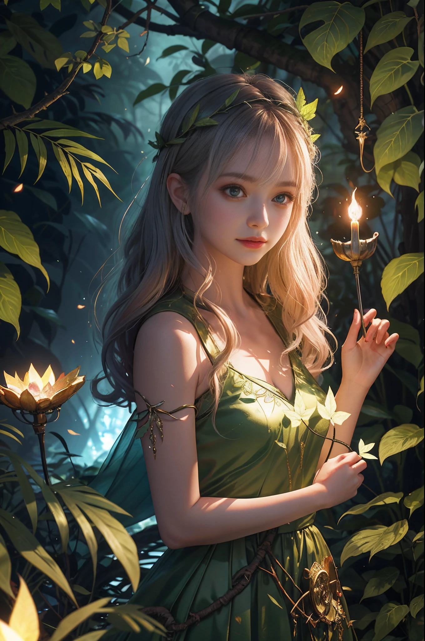 Fantasy in a lot of glass, Dimly illuminate the darkness,"ethereal roses, Cute slime,Tiere, glowing little mushrooms surrounded by delicate leaves and branches, and fireflies and glowing particle effects, Girl with a gentle smile", (Natural elements), (Jungle theme), (Leaves), (Branches), (fireflys), butterflys, (delicate leaves), (Glow), (particles effect), Super realistic, super detailed, Dramatic Lightning, 4K, masutepiece,