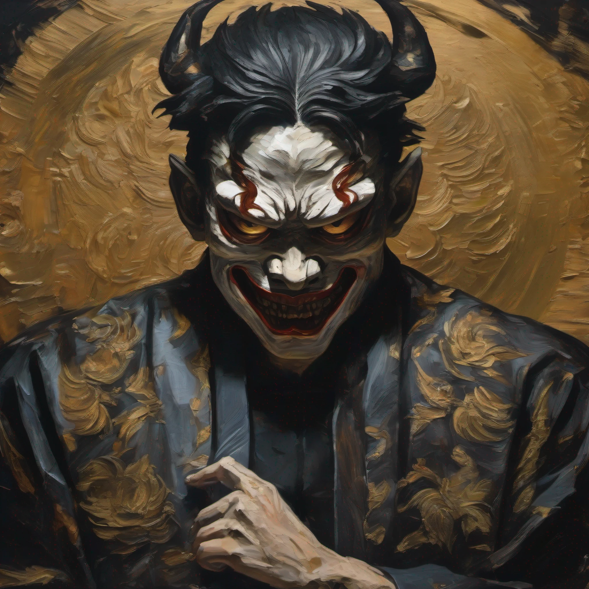 ((Expressing fierce hatred in oil paintings with black dark oil paints that cover Hannya's face、The background is mixed with warm oil paint until it looks black.、Expressing oil paintings with a dynamic touch in the style of Van Gogh)):1.9