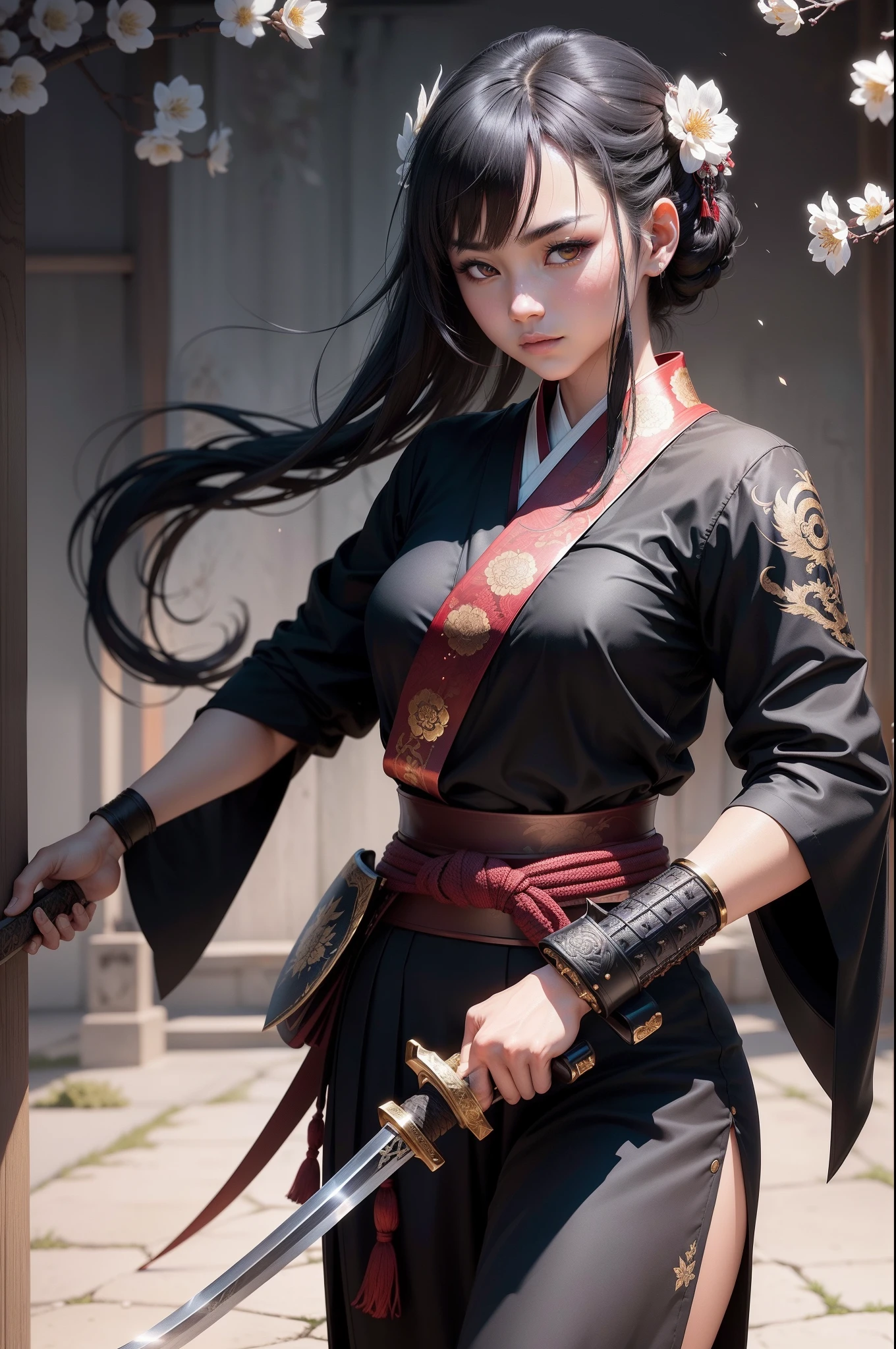1girl, beautiful detailed eyes, beautiful detailed lips, extremely detailed face and hair, red ribbon on neck, katana sword on neck, anime style, inspired by Puhua, official art, wuxia costume, inspired by Zhang Seng Yao, Kimetsu no Yaiba Rui fanart, inspired by Ju Lian, Sword Zero video game character, G Liulian art style, yun ling, Chinese mythology Akira
