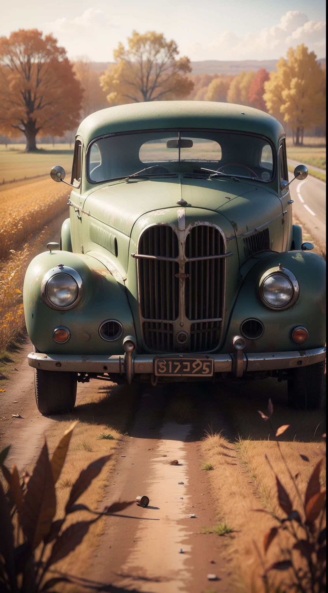 Old vintage abandoned car in an autumn field