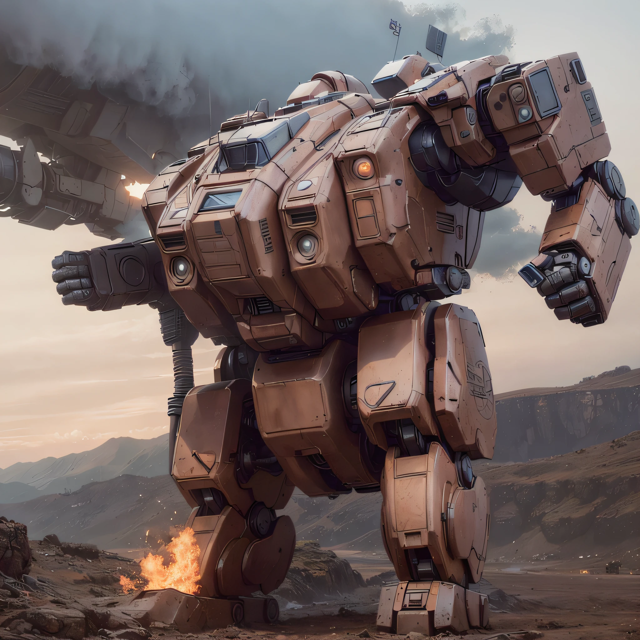 was-battletech, photo realisitc,
best quality, masterpiece, highly detailed ,ultra-detailed, RAW, analog style, (Bmecha no humans:1.3), sharp focus, volumetric fog, 8k uhd, dslr, high quality, film grain, Fujifilm XT3
masculine giant robot standing in a field, battlemech, mech, 
((8k, RAW photo, highest quality, realistic:2, masterpiece, ultra high resolution, CG 8K wallpapers)), physics-based rendering, centered full body,
explosion everywhere