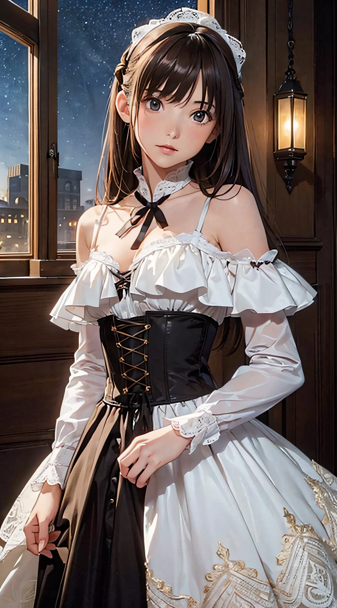 (1girl:1.3), cinematic light, solo, breasts, Lace-Up Bodice Dress, silky long hair, (brown) hair, (masterpiece, top quality, best quality, official art, beautiful and aesthetic:1.3), extreme detailed,highest detailed,(ultra-detailed),((an extremely delicate and beautiful)),starry sky,from below