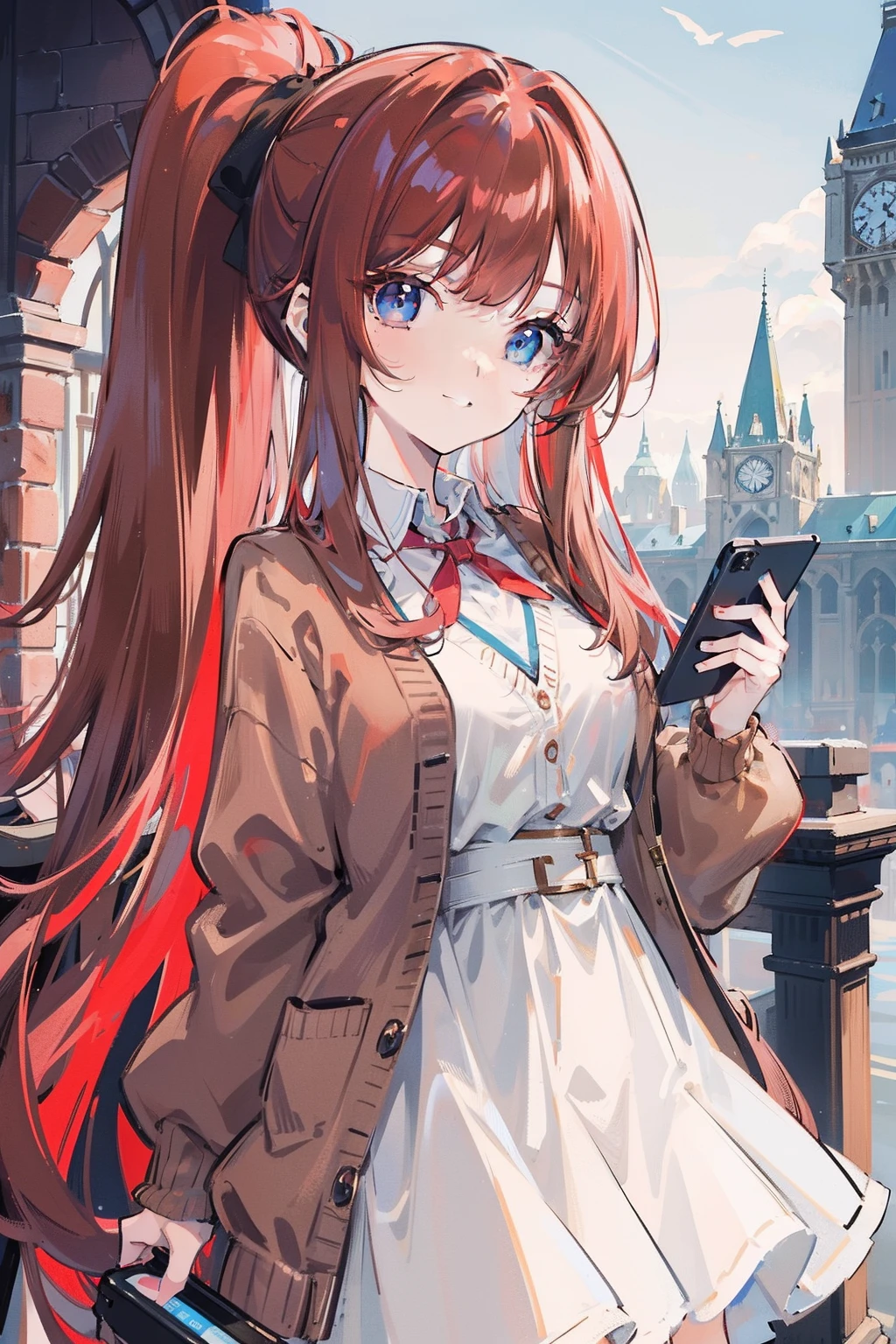 masterpiece, best quality, 1girl, long hair, (red hair), waist-length hair, ponytail, blue eyes, sharp eyes, smiling, ((brown cardigan)), white dress, in the summer, clear sky, in the noon, standing against the clock tower, (((detail face))), holding a smart phone