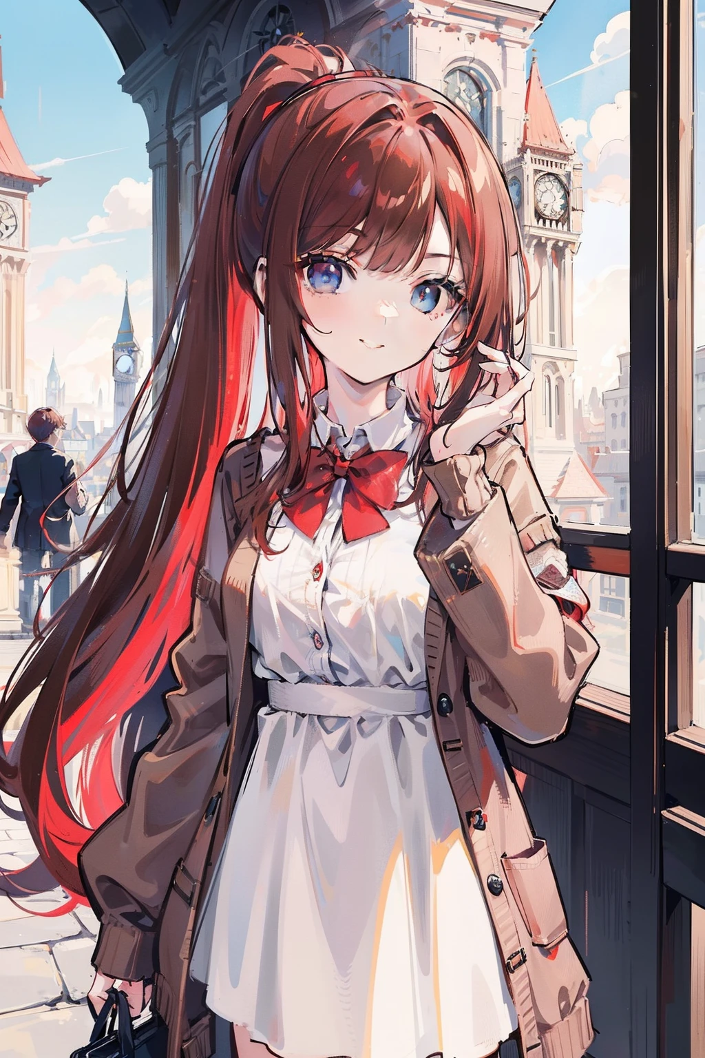 masterpiece, best quality, 1girl, long hair, (red hair), waist-length hair, ponytail, blue eyes, sharp eyes, smiling, ((brown cardigan)), white dress, in the summer, clear sky, in the noon, standing against the clock tower, (((detail face))), holding a smart phone