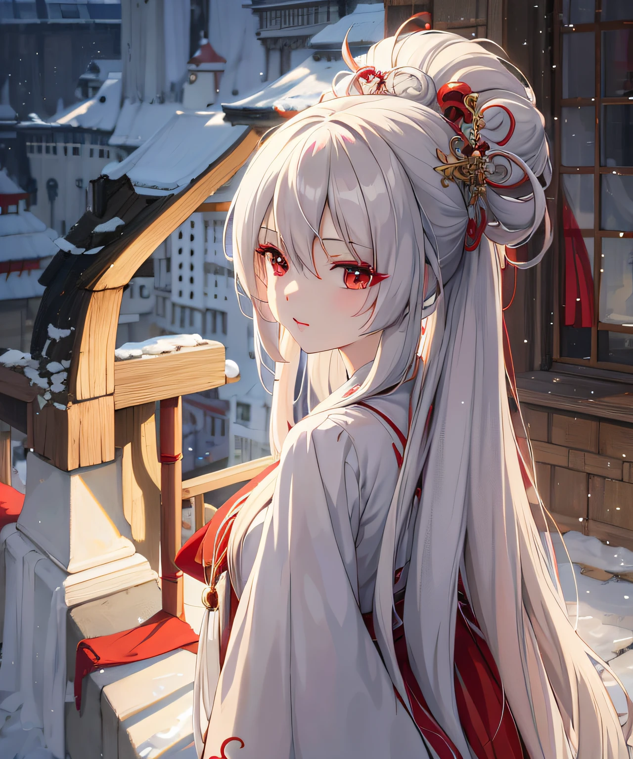 Anime girl with long white hair and red dress, white-haired god, Palace , A girl in Hanfu, Anime art wallpaper 8 K, Detailed digital anime art, Girl with white hair, Anime art wallpaper 4k, Anime fantasy illustration, Anime art wallpaper 4 K, beautiful fantasy anime, style of anime4 K, drak, Beautiful anime artwork