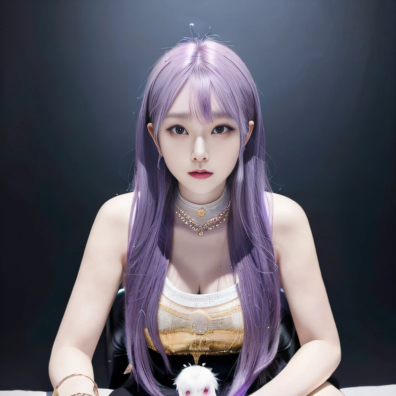 Masterpiece, Ultra realistic, 16K, Dreamy atmosphere, r3b3cc4 young, Sensual (Erotic), 1 girl (cute young) alone, delicate (seductive) female face, silky purple hair, looking at viewer, Sakuragi Otome (otome dori), hair with gradient colors , simple background, white background, jewelry, earrings, necklace, young beauty, portrait, hoop earrings, realistic, soft lighting, professional photography, photorealistic, detailed clear eyes, extremely erotic, delicate feminine, large natural breasts, belly hot, proportional narrow waist, proportionally big hips, thick legs, beautiful, nude, different sensual positions, raw, analog, sharp focus, 8K, high definition, dslr, high quality, Fujifilm XT3, Film grain, award winning, artwork