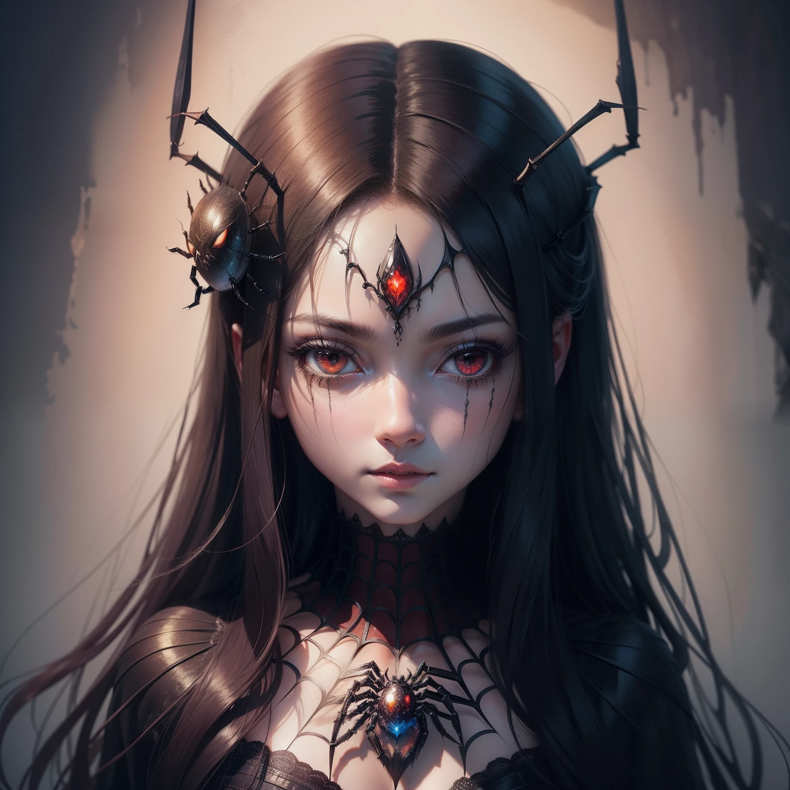 Illustration of a spider、A portrait that combines creepiness and beauty、Mystical fusion