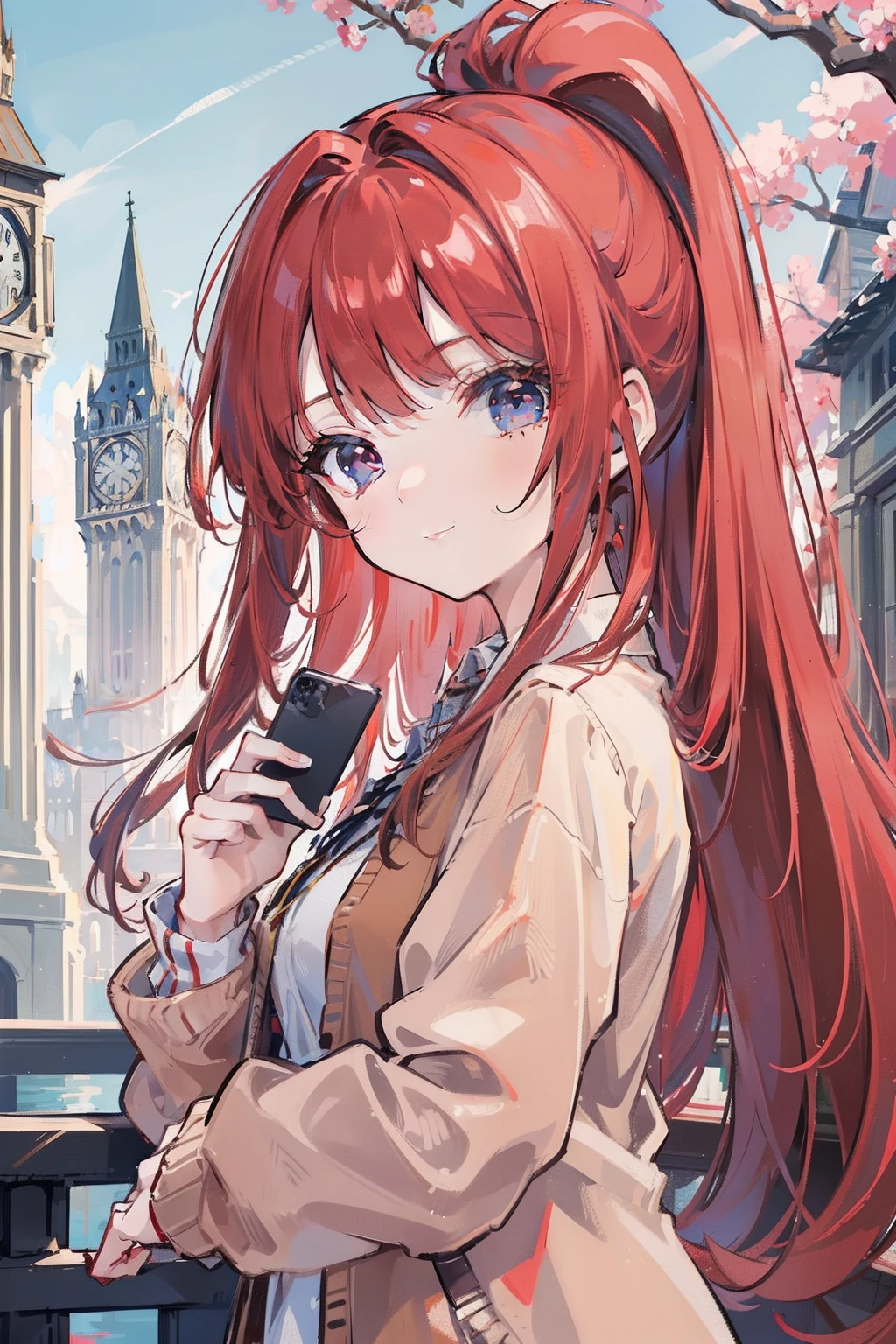 masterpiece, best quality, 1girl, long hair, (red hair), waist-length hair, ponytail, blue eyes, sharp eyes, smiling, ((brown cardigan)), white dress, clear sky, in the noon, standing against the clock tower, with trees, with flowers, (((detail face))), holding a smart phone