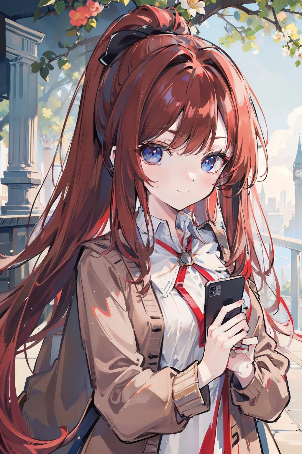 masterpiece, best quality, 1girl, long hair, (red hair), waist-length hair, ponytail, blue eyes, sharp eyes, smiling, ((brown cardigan)), white dress, clear sky, in the noon, standing against the clock tower, with trees, with flowers, (((detail face))), holding a smart phone