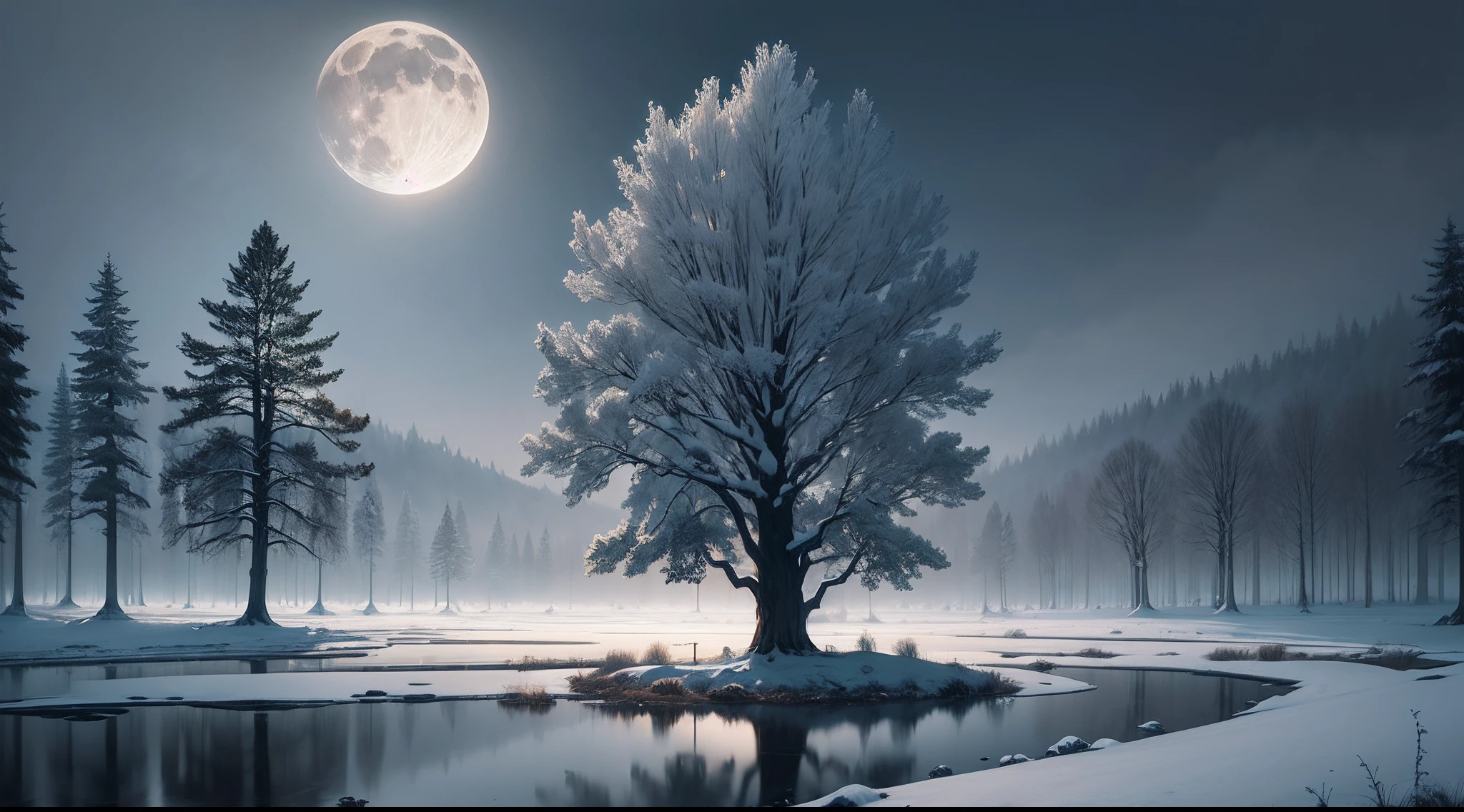 A painting of a tree in a snowy field with a full moon, digital art inspired by Igor Kieryluk, Gagnant du concours Artstation, Art fantastique, Moody Misty Fantasy Art, Arbre fantastique, Bel art, background artwork, Marc Adamus, Fantastic artscape, arbre magique, Art magnifique, Dramatic artwork, vieil arbre, 4k highly detailed digital art, Mystical scene