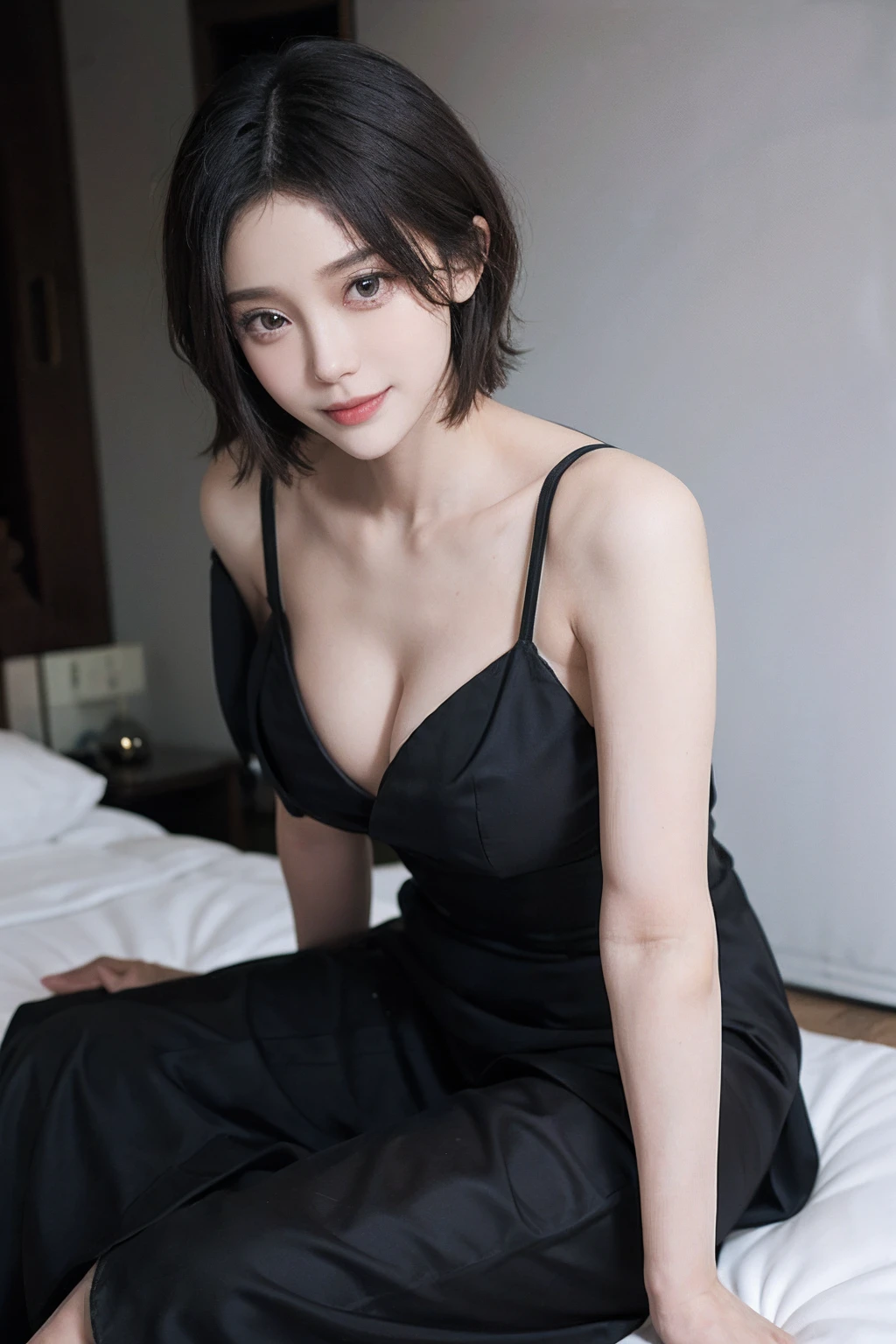 Black long dress、Suspicious smile、Sharp eyes、natta、Bedrooms、short-hair