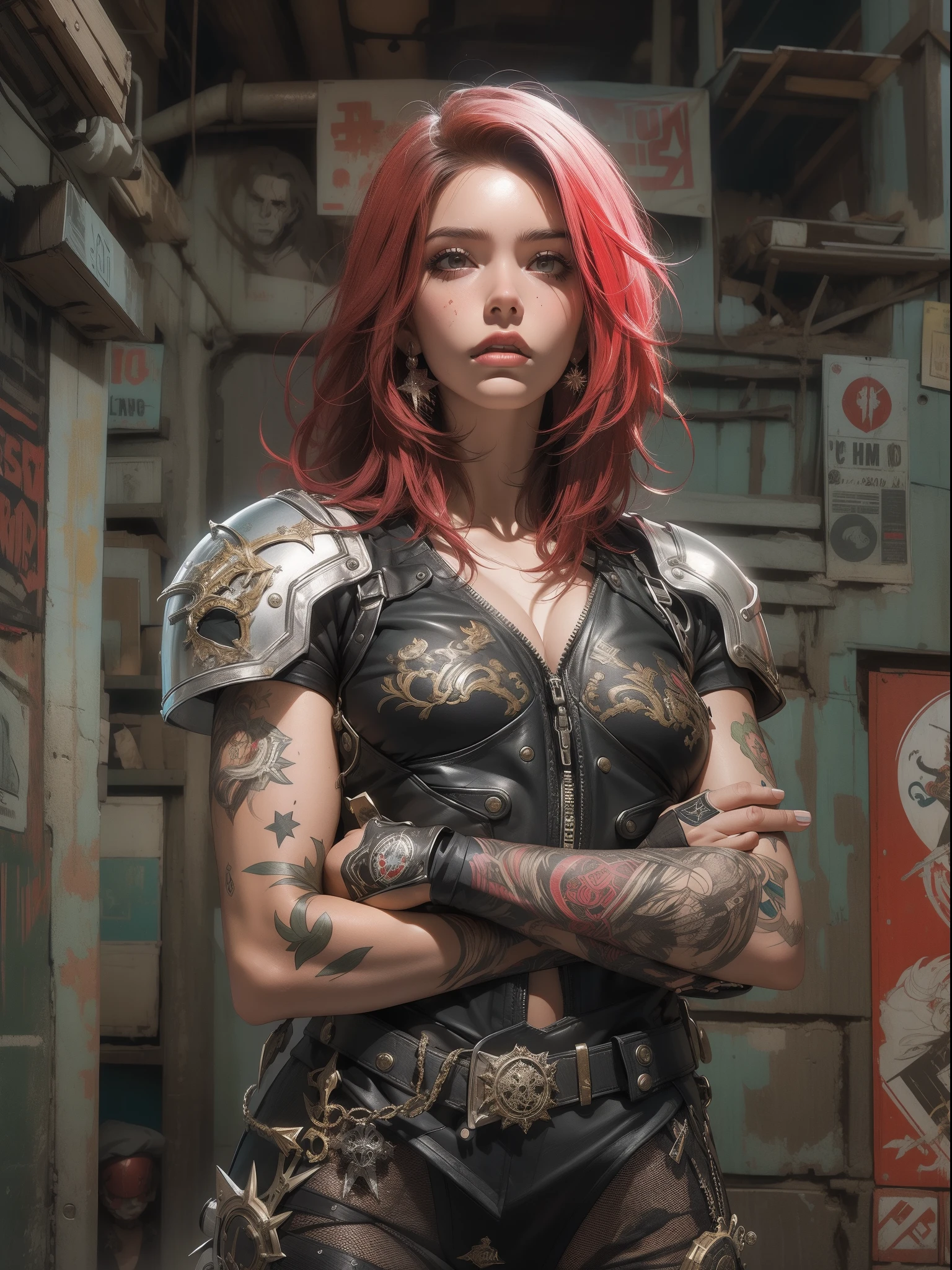 (((mulher))), (((melhor qualidade))), (((obra prima))), (((adulto))), (((1girl))), ((( corte de cabelo bob ))), Uma gladiadora cyberpunk mulher de 25 anos com corpo perfeito, shoulder pads with metal spines, Gladiadores do Brooklyn, (( corte de cabelo bob )), tiny leather panties, camiseta de time de rugby rasgada, quase nua no estilo selvagem urbano de Simon Bisley para a capa da revista Heavy Metal, Cabelo loiro curto, Minimum clothing, Metal protection on the left arm with intricate graphics, Vermelho escuro com estrelas brancas e respingos de preto e branco, armadura, cheio de espinhos, (((do joelho pra cima))), cabelos loiro branco curto, no fundo uma parede pintada por Shepard Fairey com um design intrincado