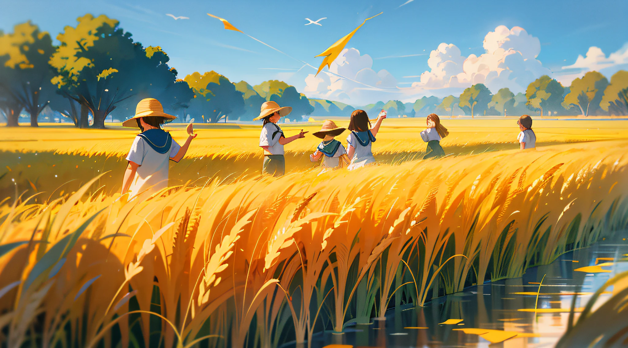 By the lake, a group of children are playing happily and splashing water. A lush forest surrounds a tranquil lake with sparkling water reflecting the blue sky and white clouds. Families picnicking in the shade and enjoying the summer. In the distance, the golden wheat fields sway with the wind, like a golden ocean. Farmers are harvesting crops and celebrating the harvest season. On the other side of the field, some young people are flying kites, and the colorful kites are dancing in the blue sky.
