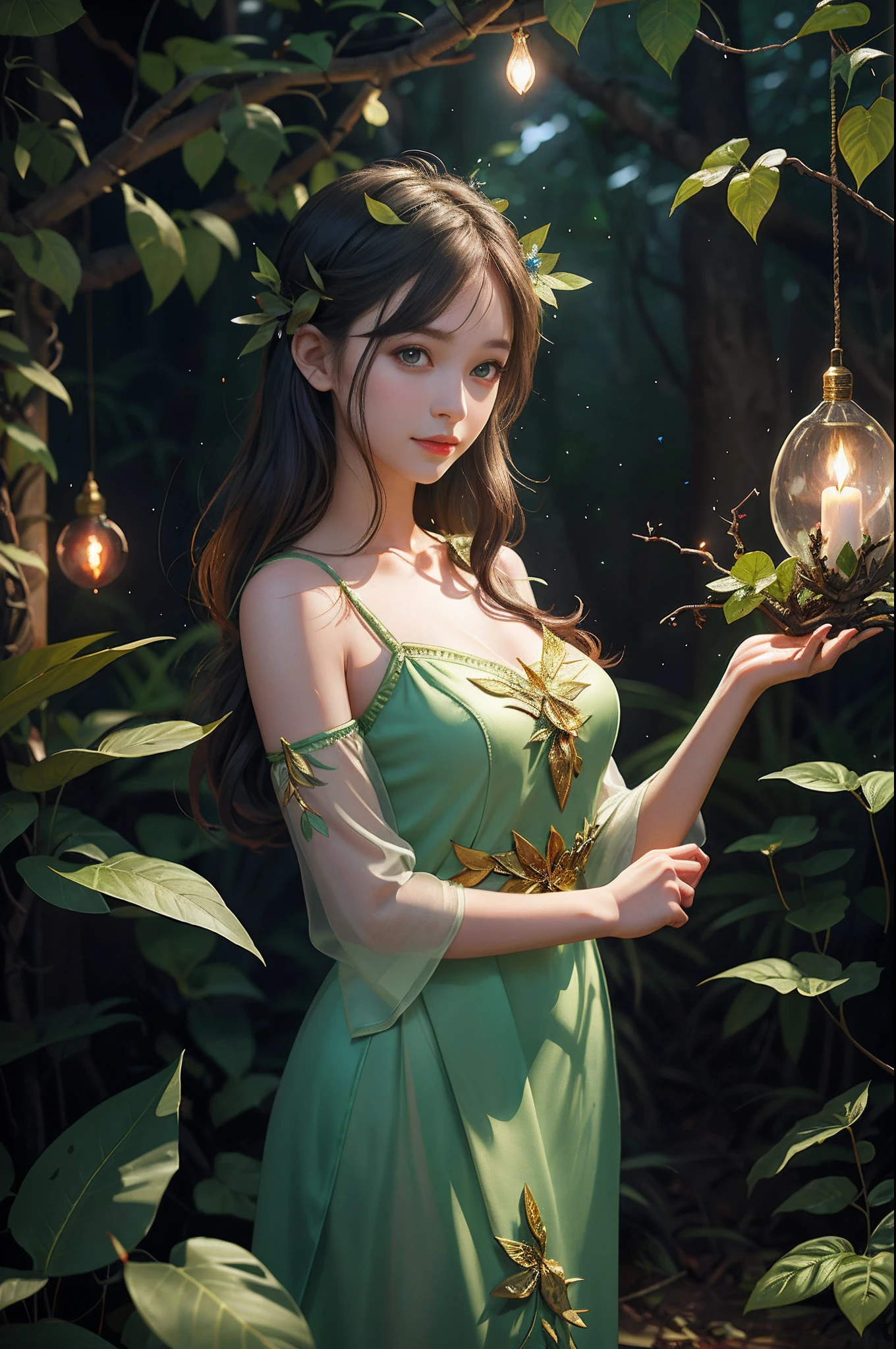 Fantasy in a lot of glass, Illuminate the night,"ethereal roses, Cute slime,Tiere, glowing little mushrooms surrounded by delicate leaves and branches, and fireflies and glowing particle effects, Girl with a gentle smile", (Natural elements), (Jungle theme), (Leaves), (Branches), (fireflys), butterflys, (delicate leaves), (Glow), (particles effect), Super realistic, super detailed, Dramatic Lightning, 4K, masutepiece,