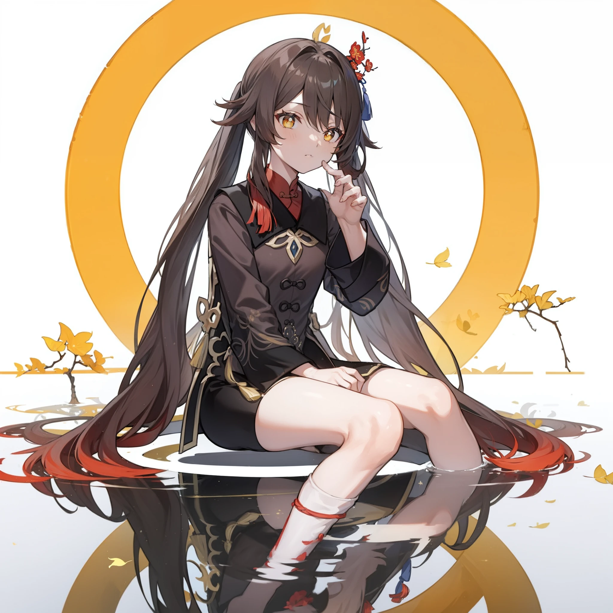 yellow Chinese ginkgo biloba leaves pattern white background, Hu tao from genshin impact, casual outfit, facing sideway, sitting, circle in the middle, long hair, water reflection,