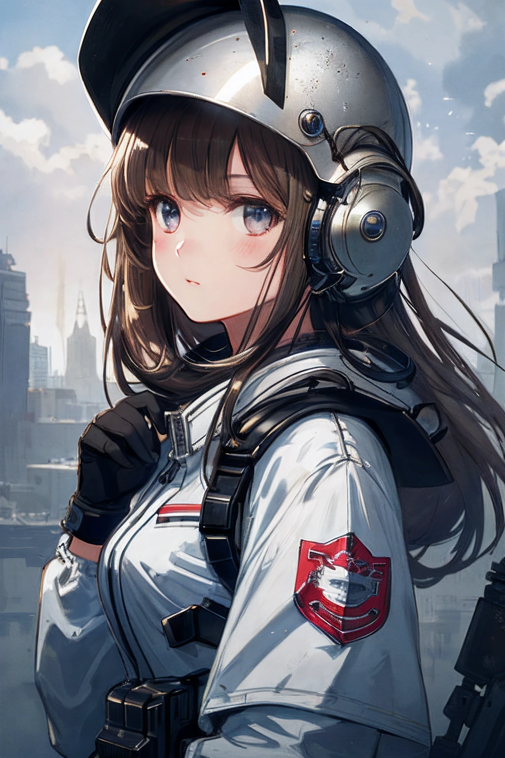 Highest image quality, Outstanding details, Ultra-high resolution, (Realism: 1.4), The best illustration, favor details, highly condensed 1girl, with a delicate and beautiful face, wearing a mech helmet, holding a direc...
